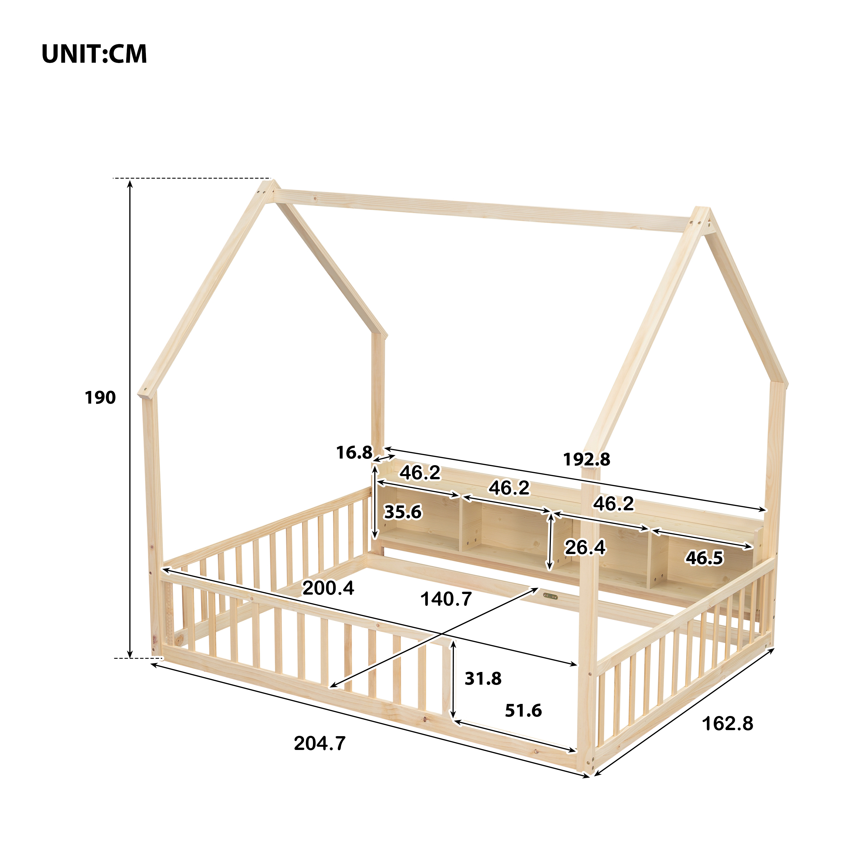 Schéma des dimensions du lit cabane enfant 140 x 200 cm en bois naturel, dimensions hors tout 204,7 x 162,8 x 190 cm, avec quatre niches de rangement et ouverture d'accès