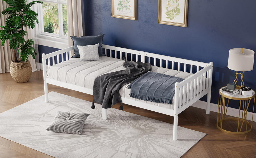 Daybed 2-en-1 avec barrière 3 côtés, 4 pieds ronds + 2 pieds centraux, pour chambre et salon, design classique, espace de sommeil sécurisé, utilisation flexible, style intemporel, stabilité, confort - image 2
