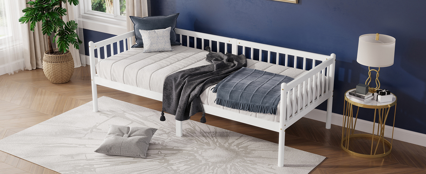 Daybed 2-en-1 avec barrière 3 côtés, 4 pieds ronds + 2 pieds centraux, pour chambre et salon, design classique, espace de sommeil sécurisé, utilisation flexible, style intemporel, stabilité, confort - image 3