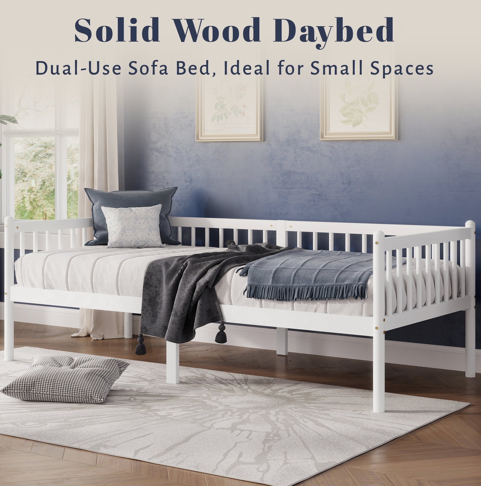 Daybed 2-en-1 avec barrière 3 côtés, 4 pieds ronds + 2 pieds centraux, pour chambre et salon, design classique, espace de sommeil sécurisé, utilisation flexible, style intemporel, stabilité, confort - image 14