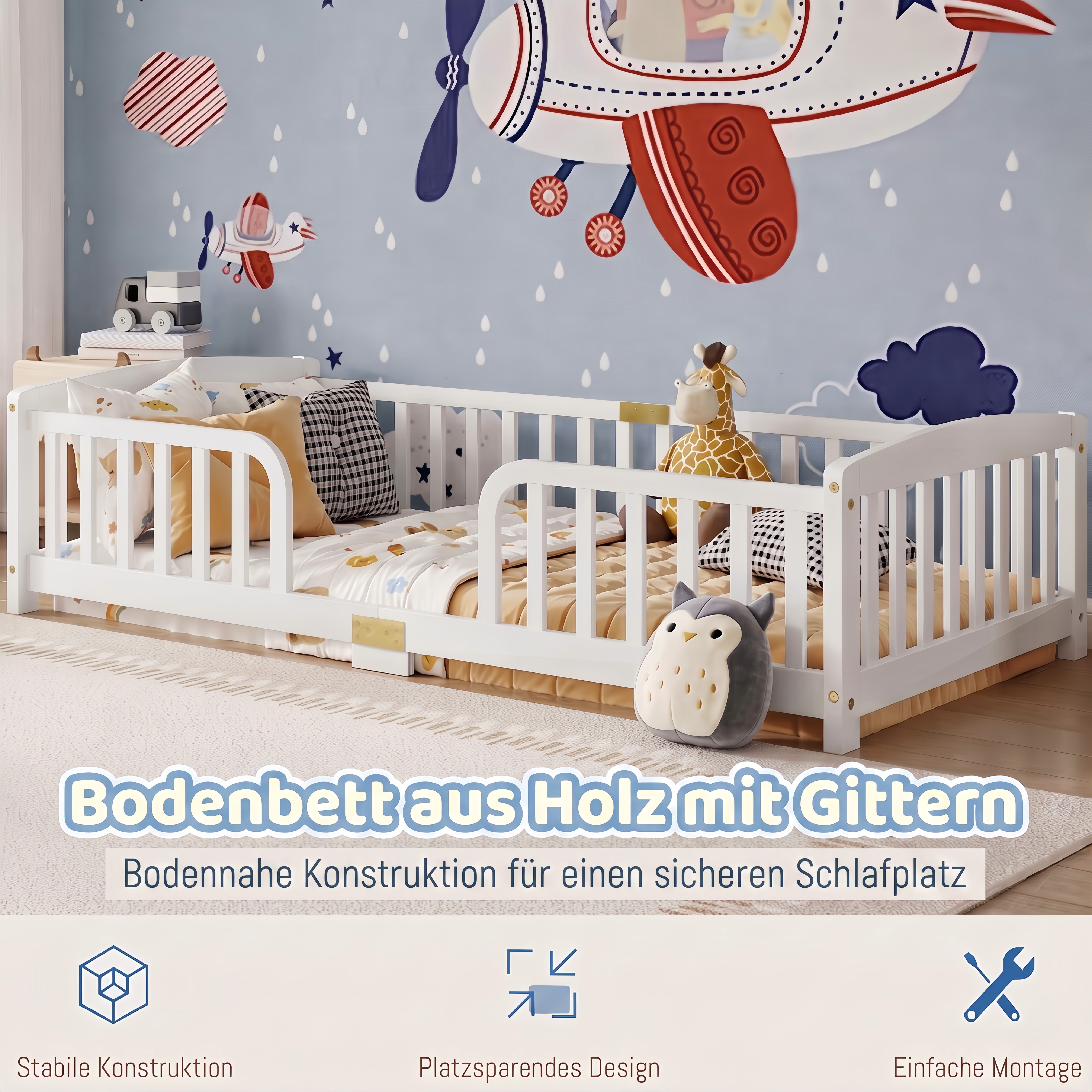 Lit au sol multifonction pour enfant, sert de lit, d'aire de jeu et d'espace d'apprentissage, barrière de sécurité, favorise l'autonomie, pour chambre compacte, design sécurisé, pour transition vers le lit indépendant - image 6