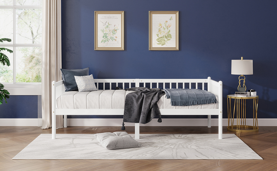Daybed 2-en-1 avec barrière 3 côtés, 4 pieds ronds + 2 pieds centraux, pour chambre et salon, design classique, espace de sommeil sécurisé, utilisation flexible, style intemporel, stabilité, confort - image 1