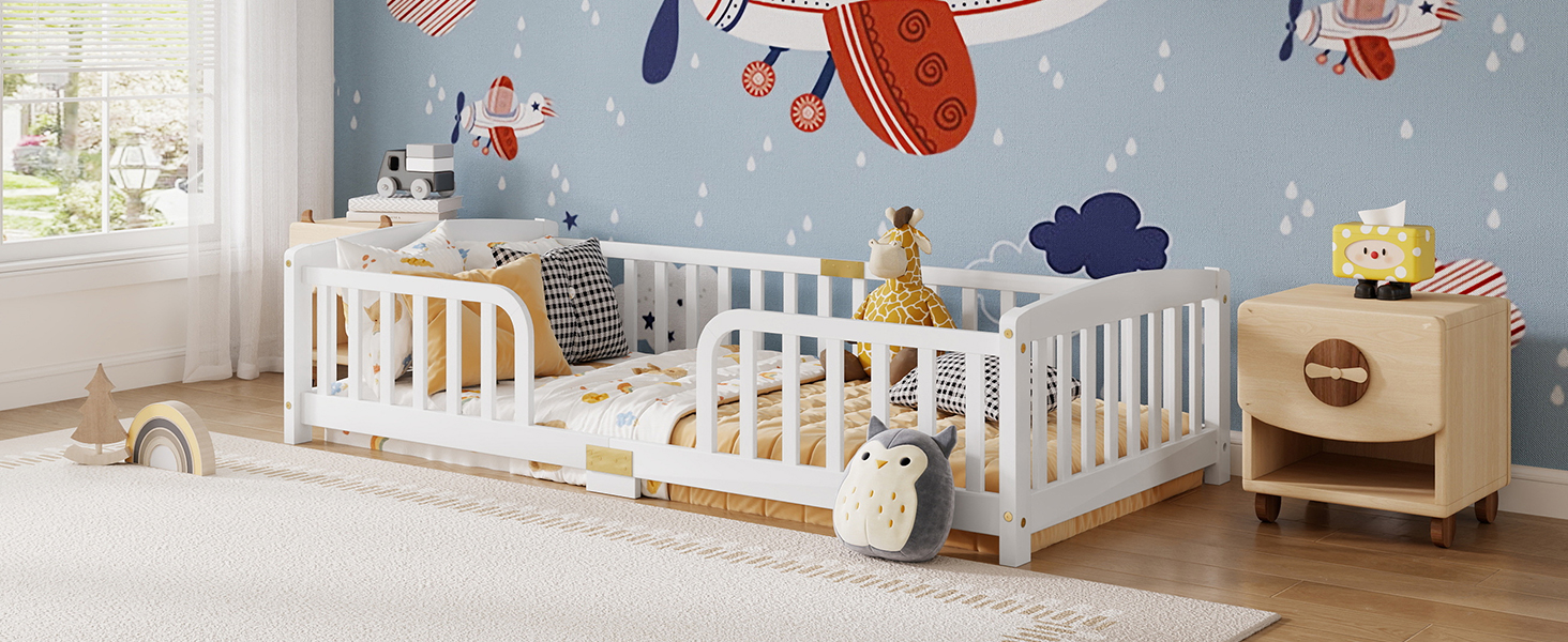 Lit au sol multifonction pour enfant, sert de lit, d'aire de jeu et d'espace d'apprentissage, barrière de sécurité, favorise l'autonomie, pour chambre compacte, design sécurisé, pour transition vers le lit indépendant - image 4