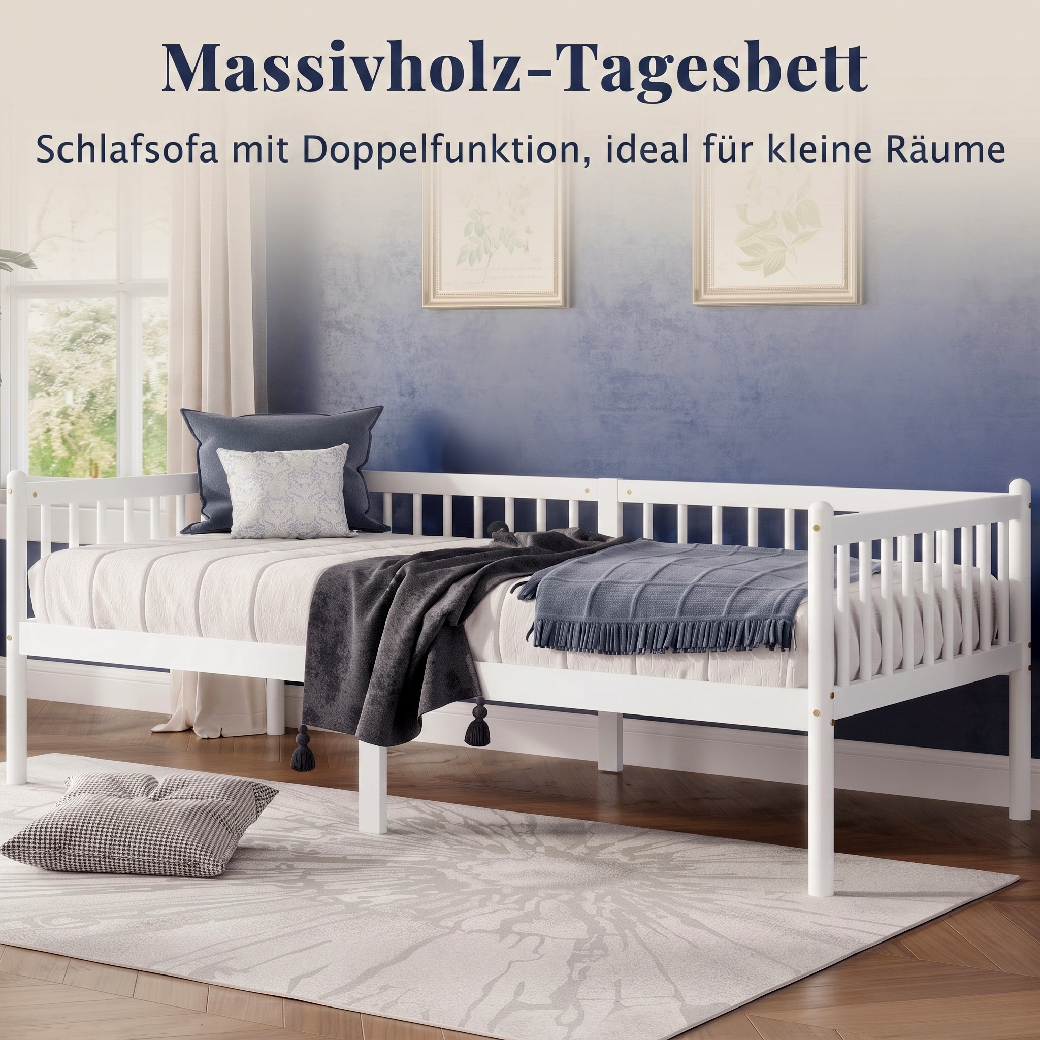 Daybed 2-en-1 avec barrière 3 côtés, 4 pieds ronds + 2 pieds centraux, pour chambre et salon, design classique, espace de sommeil sécurisé, utilisation flexible, style intemporel, stabilité, confort - image 8