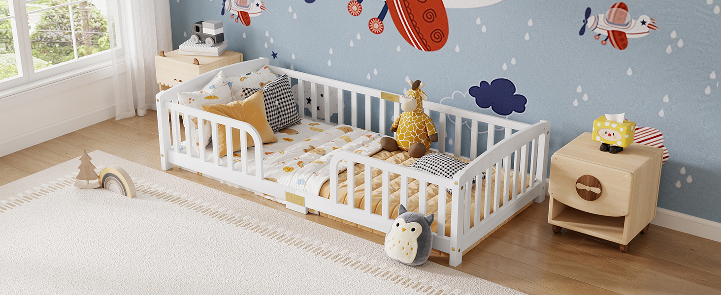Lit au sol multifonction pour enfant, sert de lit, d'aire de jeu et d'espace d'apprentissage, barrière de sécurité, favorise l'autonomie, pour chambre compacte, design sécurisé, pour transition vers le lit indépendant - image 5