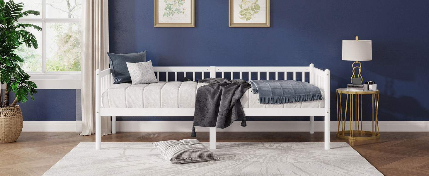 Daybed 2-en-1 avec barrière 3 côtés, 4 pieds ronds + 2 pieds centraux, pour chambre et salon, design classique, espace de sommeil sécurisé, utilisation flexible, style intemporel, stabilité, confort - image 5