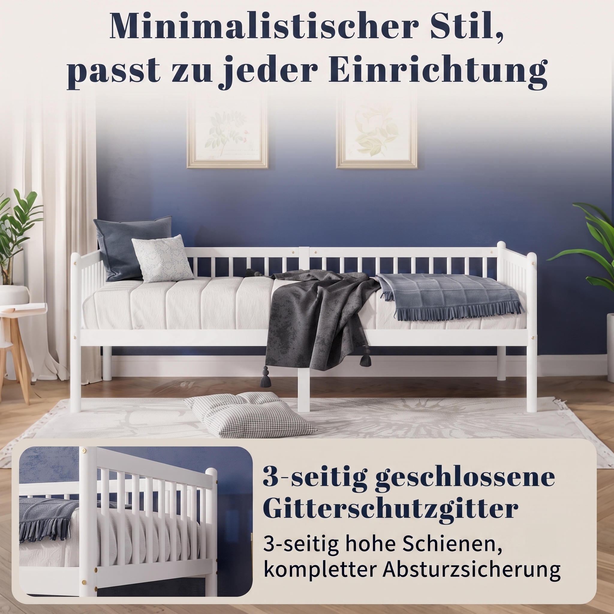 Daybed 2-en-1 avec barrière 3 côtés, 4 pieds ronds + 2 pieds centraux, pour chambre et salon, design classique, espace de sommeil sécurisé, utilisation flexible, style intemporel, stabilité, confort - image 6