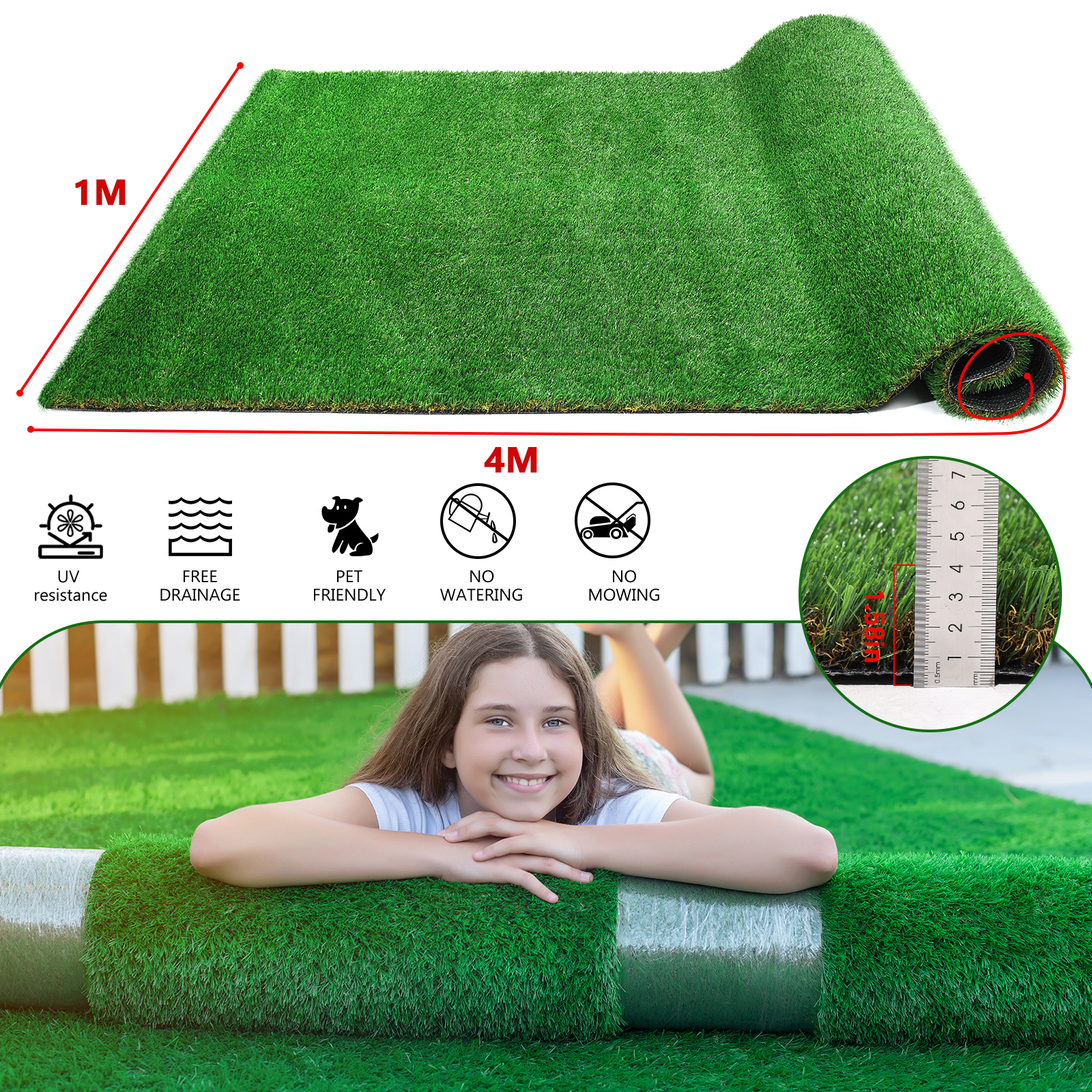 Gazon synthétique 1 x 4 m, brins 3,51 cm, drainage intégré, intérieur et extérieur, Vert - détails