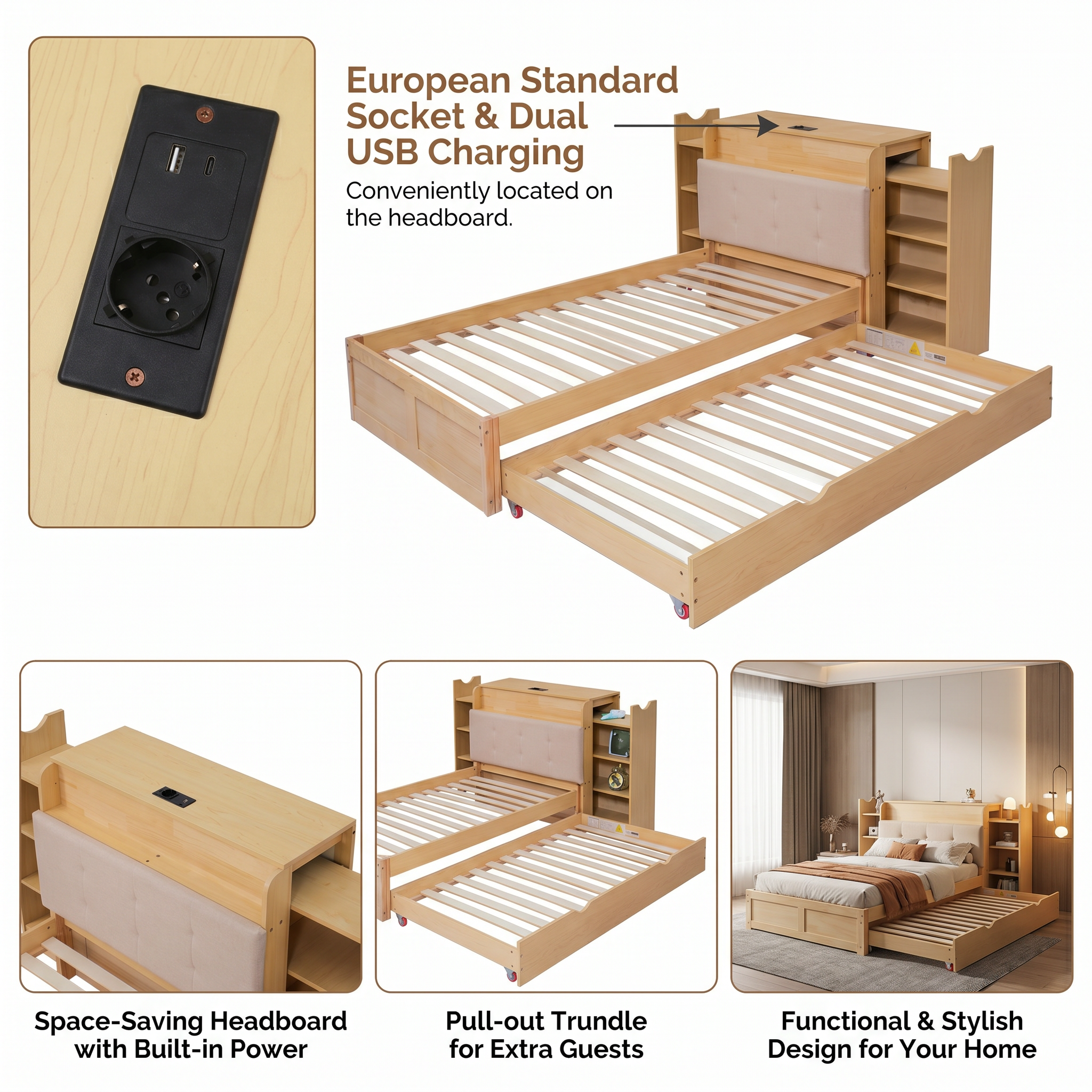 Lit avec prise européenne USB tête de lit rangement
