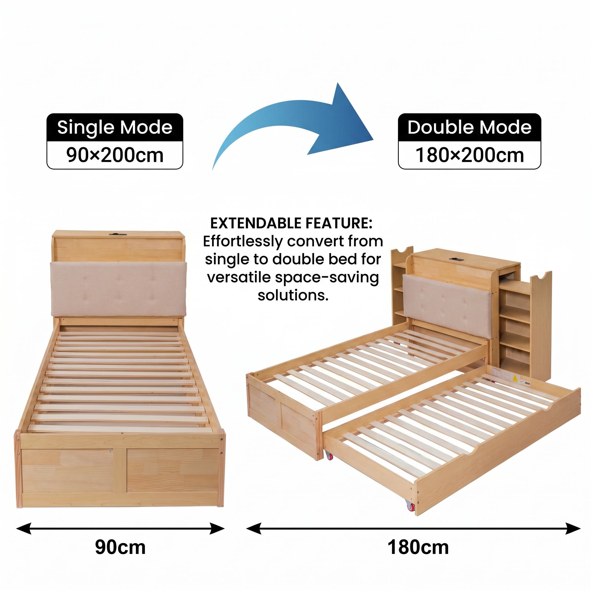 Lit extensible 90-180x200 bois naturel gigogne rangement USB