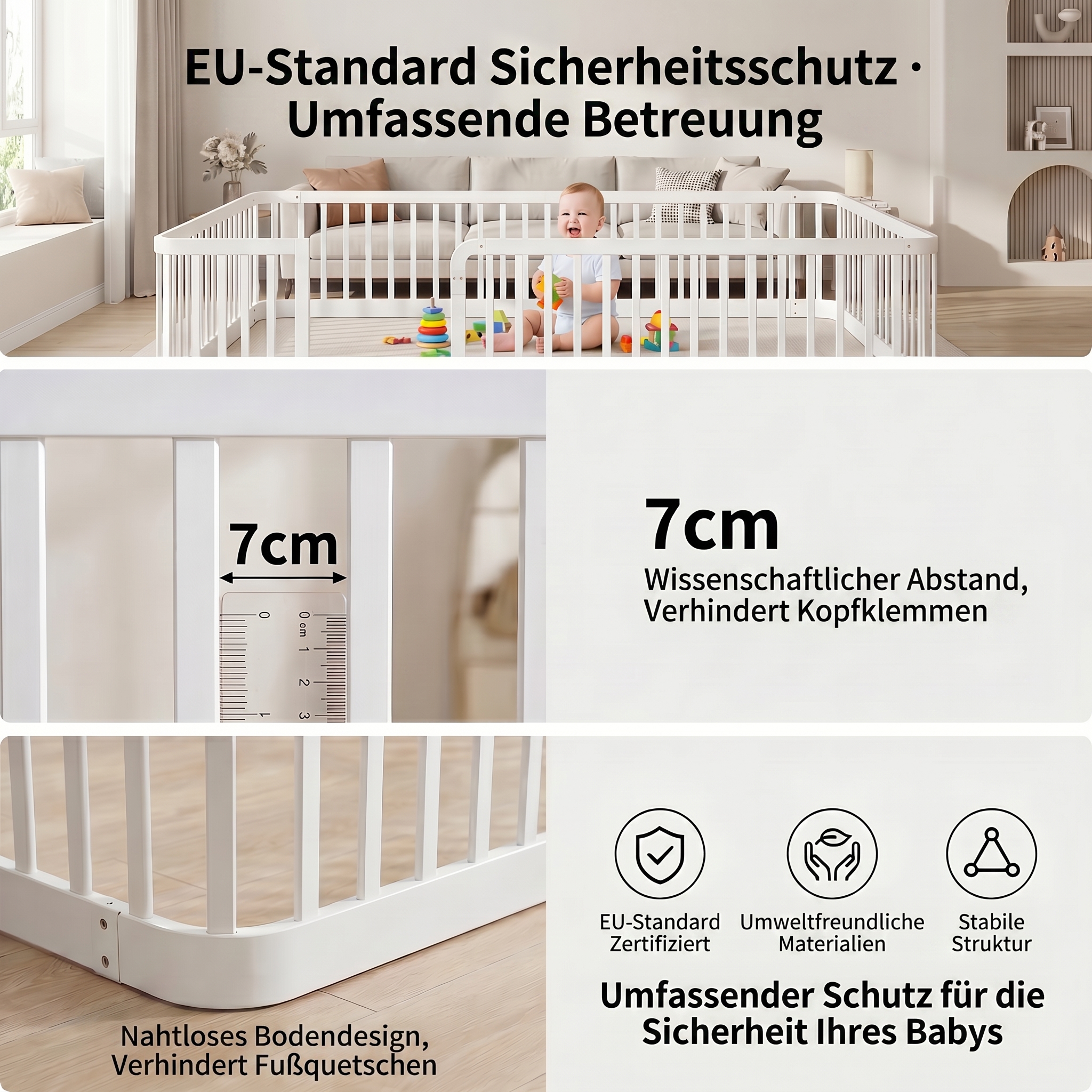 Parc bébé modulaire 140×200 cm, barres écartement 7 cm conforme normes UE, connexions boulonnées stables, pour salon et chambre, crée espace de jeu sécurisé, extensible, sécurité maximale pour tout-petits - image 2