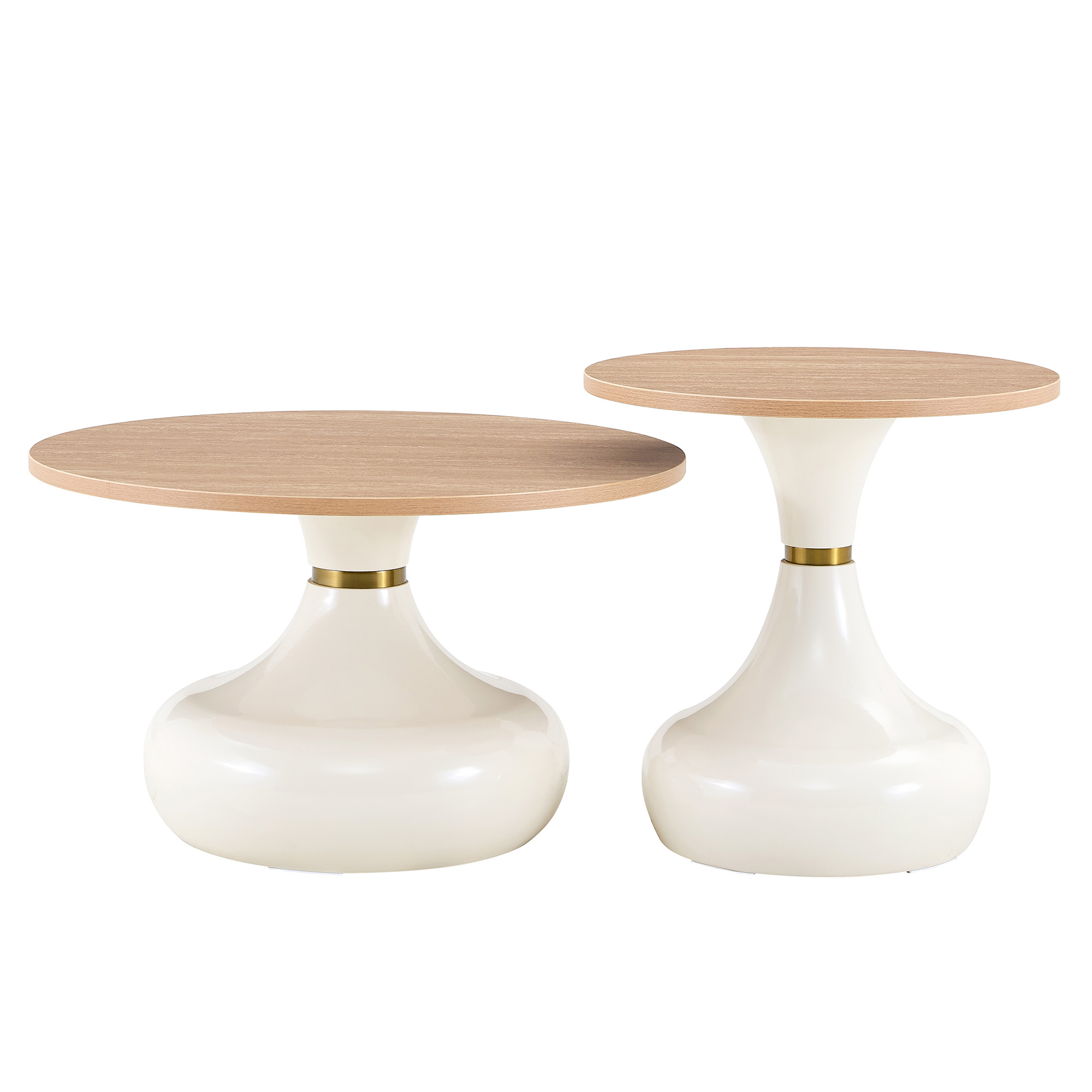 Lot de 2 tables basses rondes, tables d’appoint Ø 70 cm / Ø 50 cm avec plateaux effet travertin, MDF et métal, Effet bois naturel et Blanc