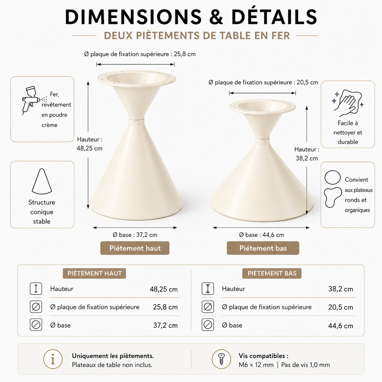 Ensemble de 2 tréteaux de table en fer, hauteurs 48,25 cm et 38,2 cm, thermolaqué crème, base conique large, patins antidérapants, pour table à manger et bureau, stable et durable, montage facile, design élégant - image 7