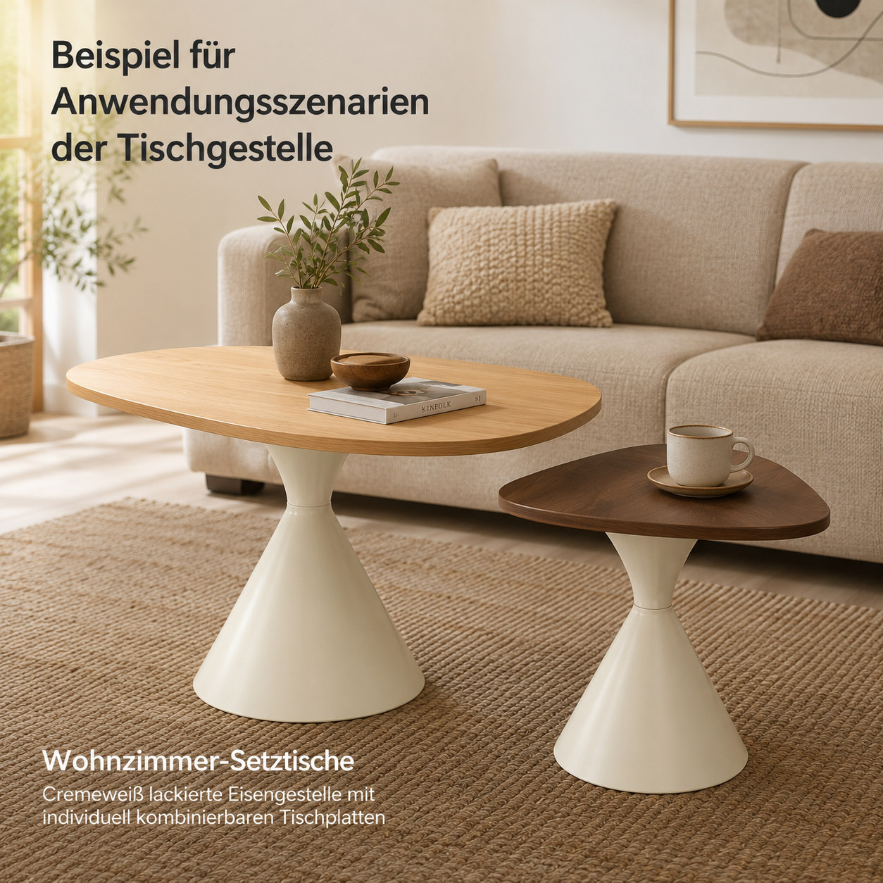 Ensemble de 2 tréteaux de table en fer, hauteurs 48,25 cm et 38,2 cm, thermolaqué crème, base conique large, patins antidérapants, pour table à manger et bureau, stable et durable, montage facile, design élégant - image 3