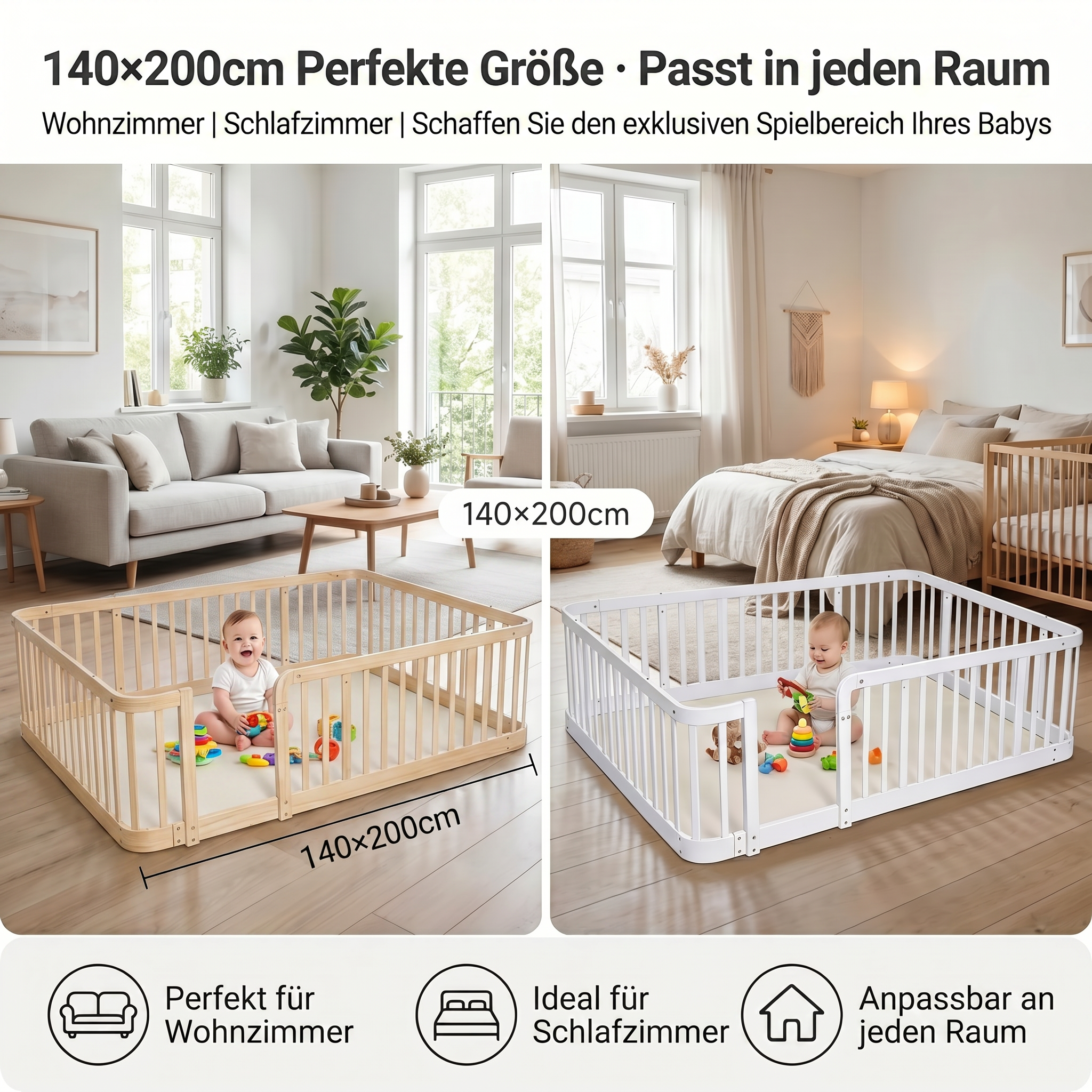 Parc bébé modulaire 140×200 cm, barres écartement 7 cm conforme normes UE, connexions boulonnées stables, pour salon et chambre, crée espace de jeu sécurisé, extensible, sécurité maximale pour tout-petits - image 5