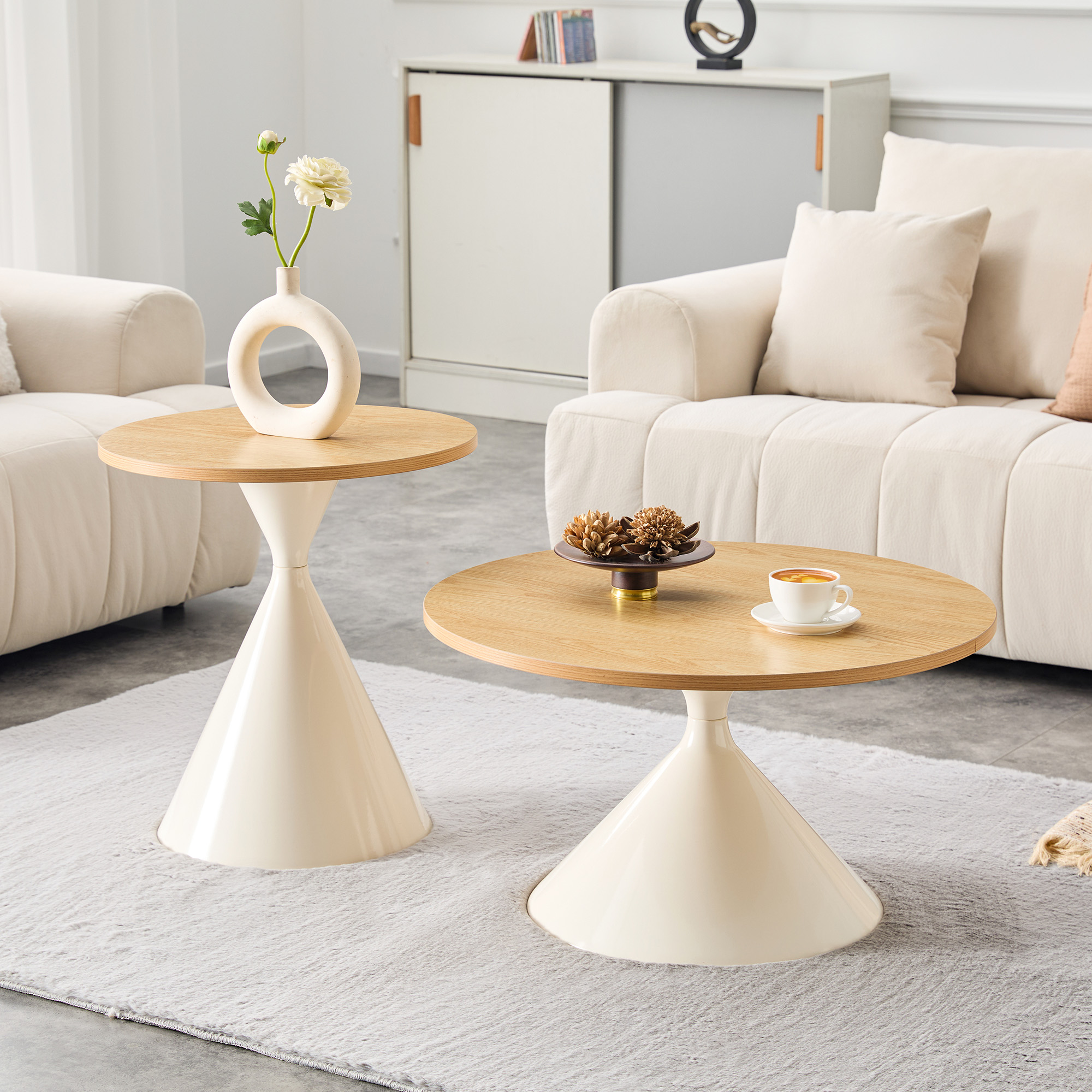 Ensemble de 2 tréteaux de table en fer, hauteurs 48,25 cm et 38,2 cm, thermolaqué crème, base conique large, patins antidérapants, pour table à manger et bureau, stable et durable, montage facile, design élégant - image 5