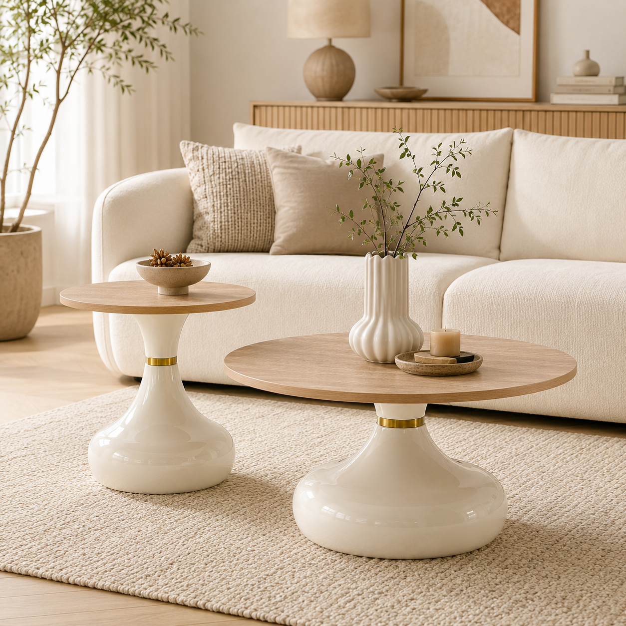 Lot de 2 tables basses rondes, tables d’appoint Ø 70 cm / Ø 50 cm avec plateaux effet travertin, MDF et métal, Effet bois naturel et Blanc