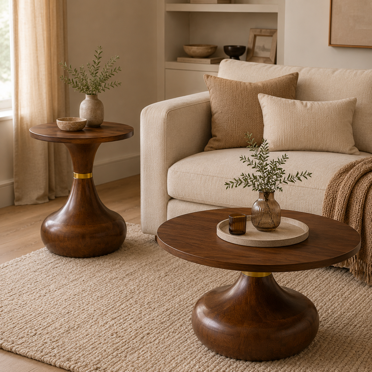 Lot de 2 tables basses rondes, tables d’appoint Ø 70 cm / Ø 50 cm, MDF et métal, Effet noyer