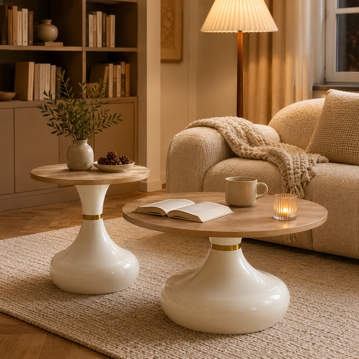 Lot de 2 tables basses rondes, tables d’appoint Ø 70 cm / Ø 50 cm avec plateaux effet travertin, MDF et métal, Effet bois naturel et Blanc