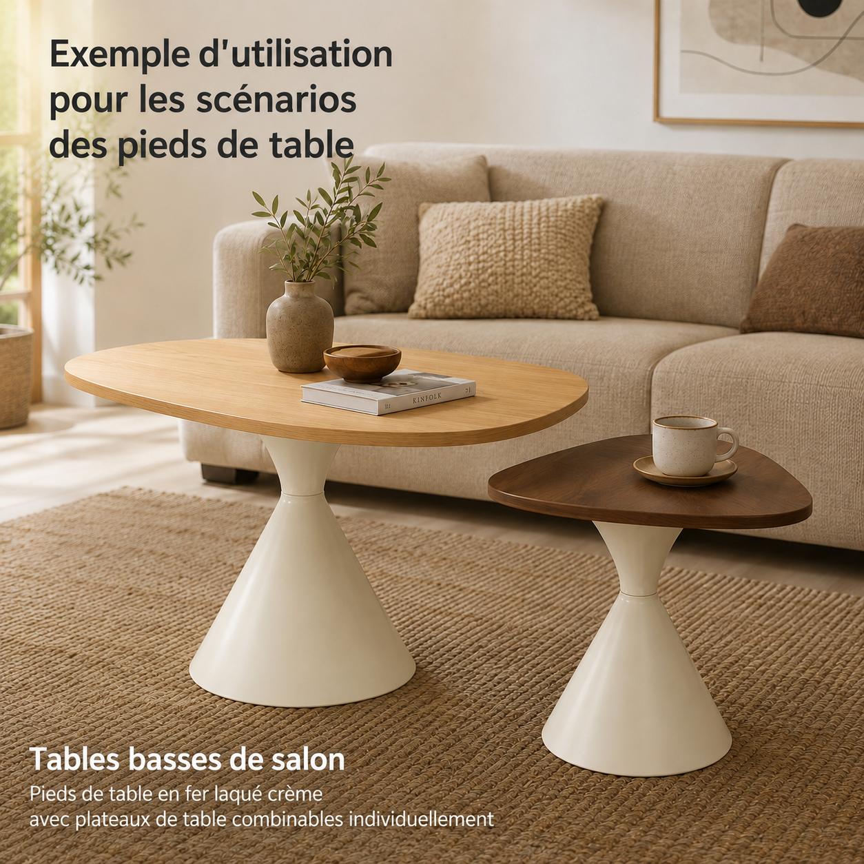 Ensemble de 2 tréteaux de table en fer, hauteurs 48,25 cm et 38,2 cm, thermolaqué crème, base conique large, patins antidérapants, pour table à manger et bureau, stable et durable, montage facile, design élégant - image 10