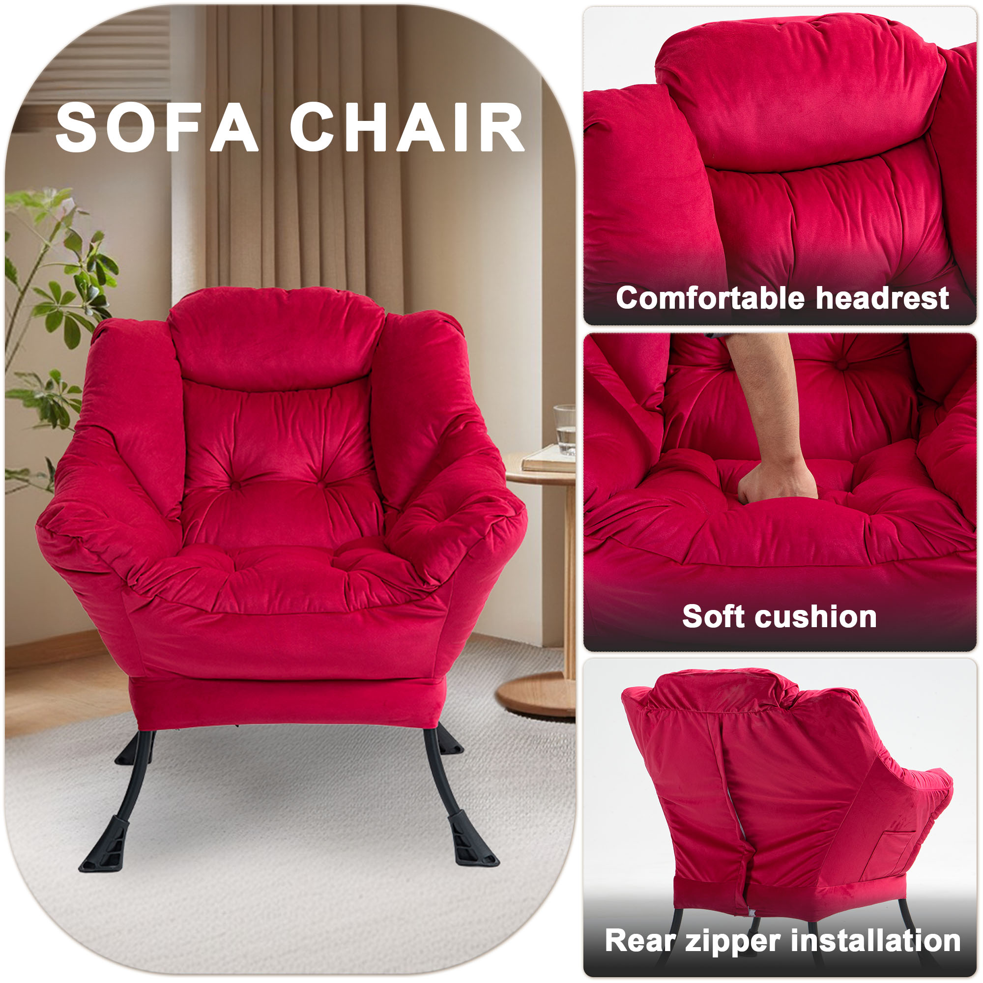 Fauteuil relax rouge brique avec cadre métal et poche latérale - vue 3