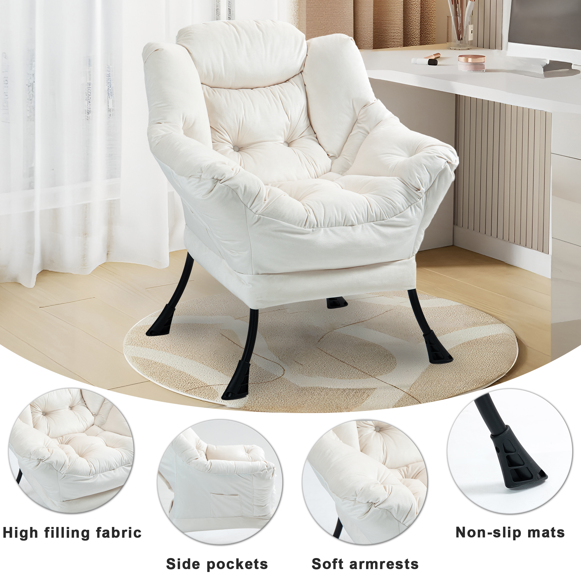 Fauteuil relax blanc cassé cadre métal poche latérale - vue 2