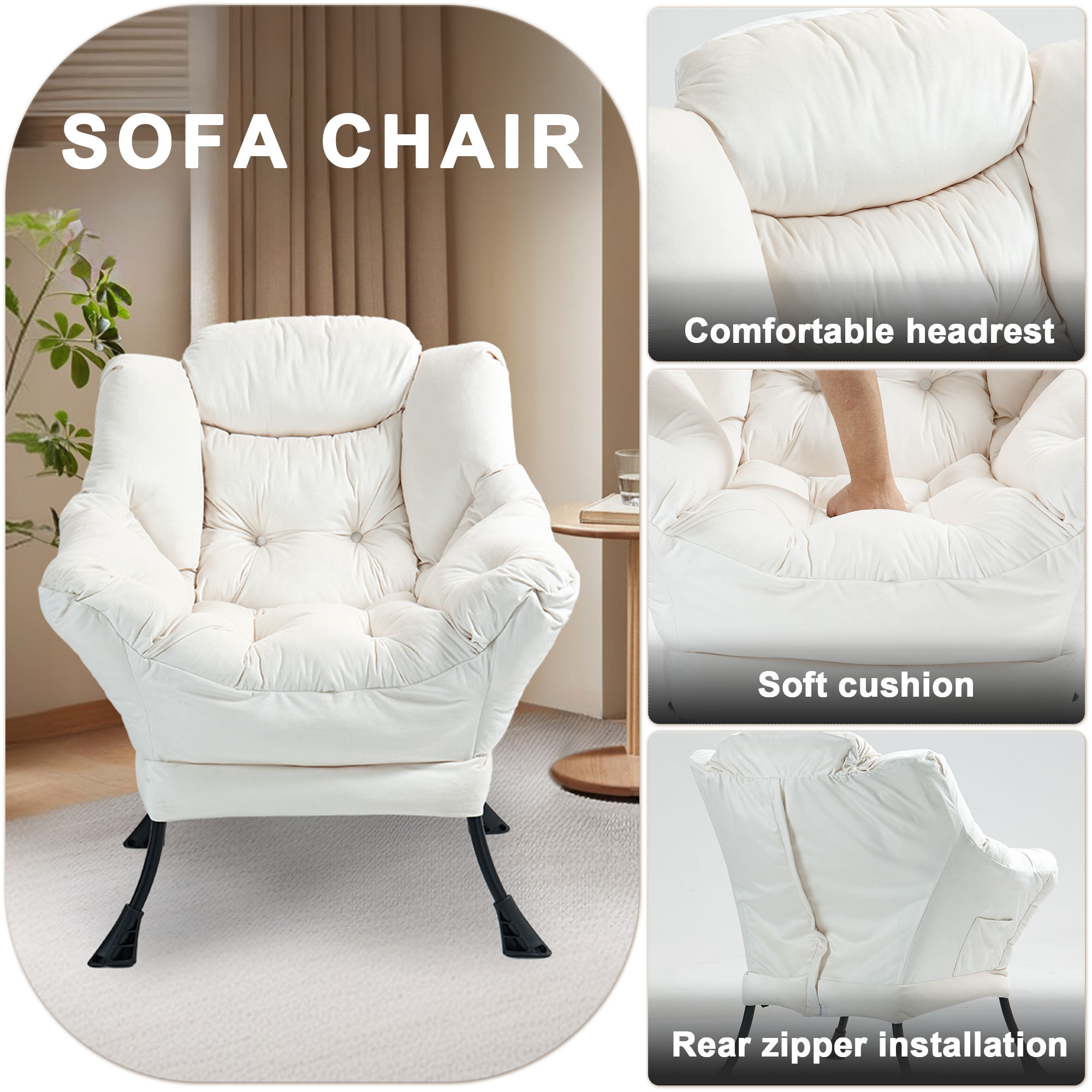 Fauteuil relax blanc cassé cadre métal poche latérale - vue 3