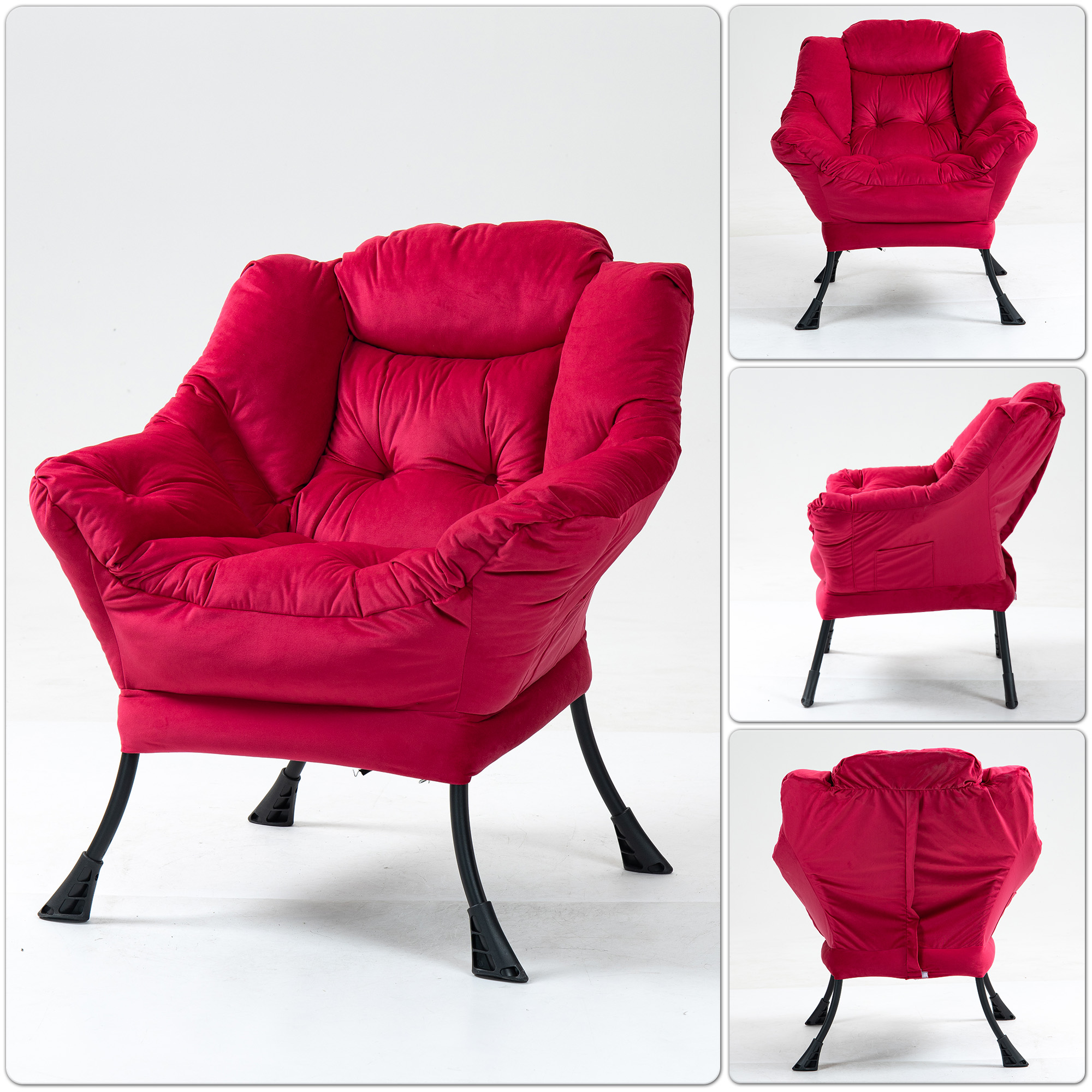 Fauteuil relax rouge brique avec cadre métal et poche latérale - vue 4