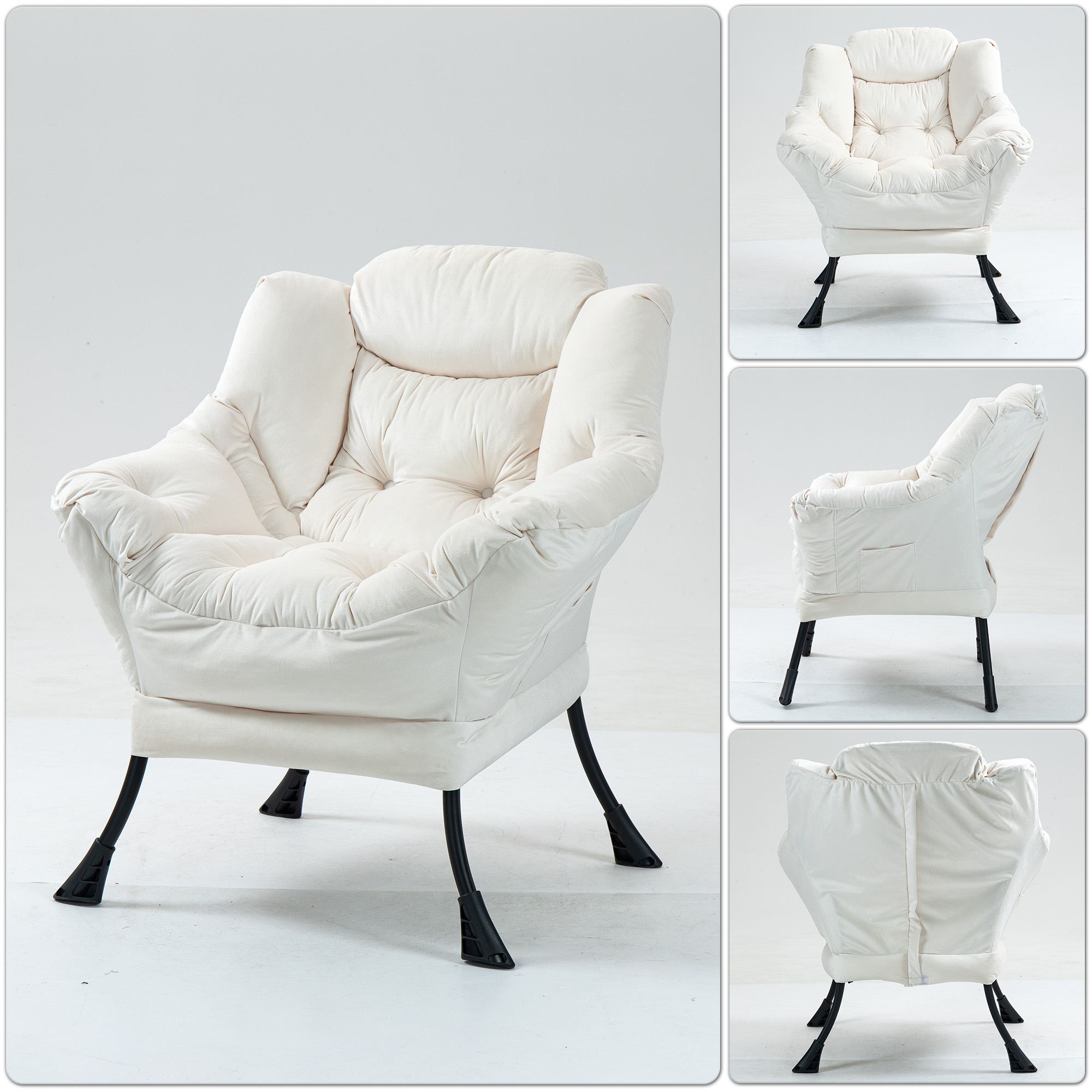 Fauteuil relax blanc cassé cadre métal poche latérale - vue 4