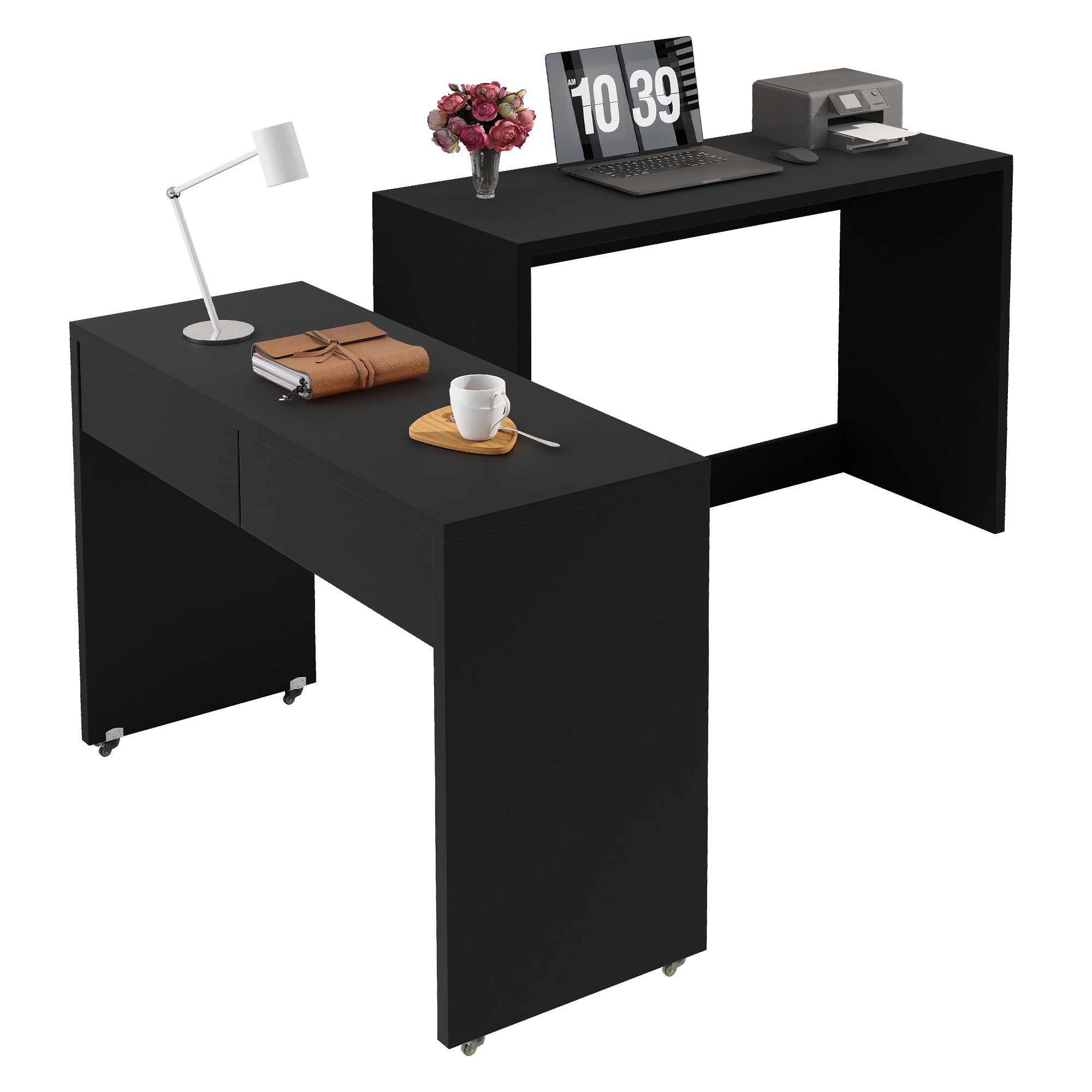 Bureau, extensible, mobile sur roulettes, panneaux de particules et bois, noir - vue 3