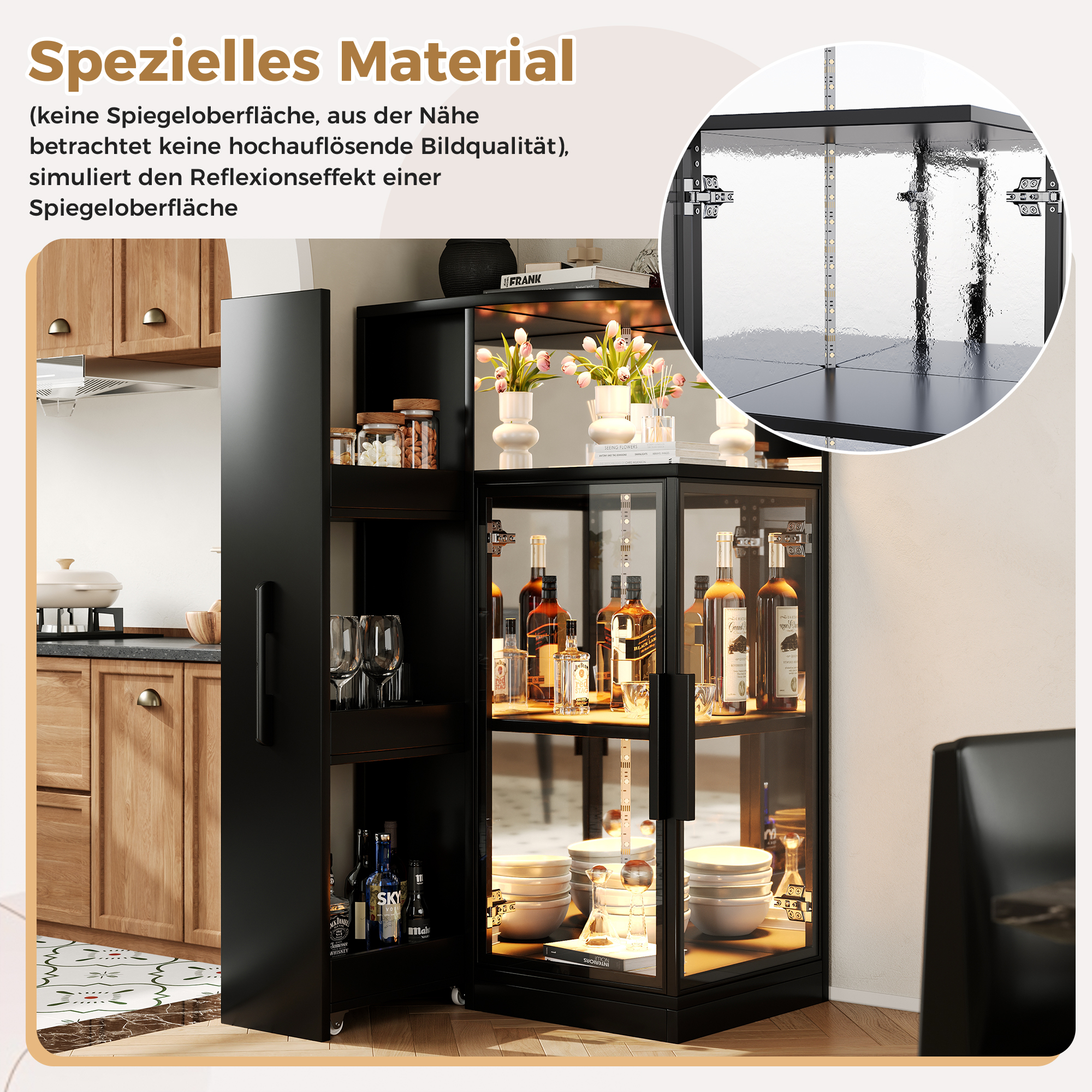 Vue complète de la vitrine noire avec éclairage LED