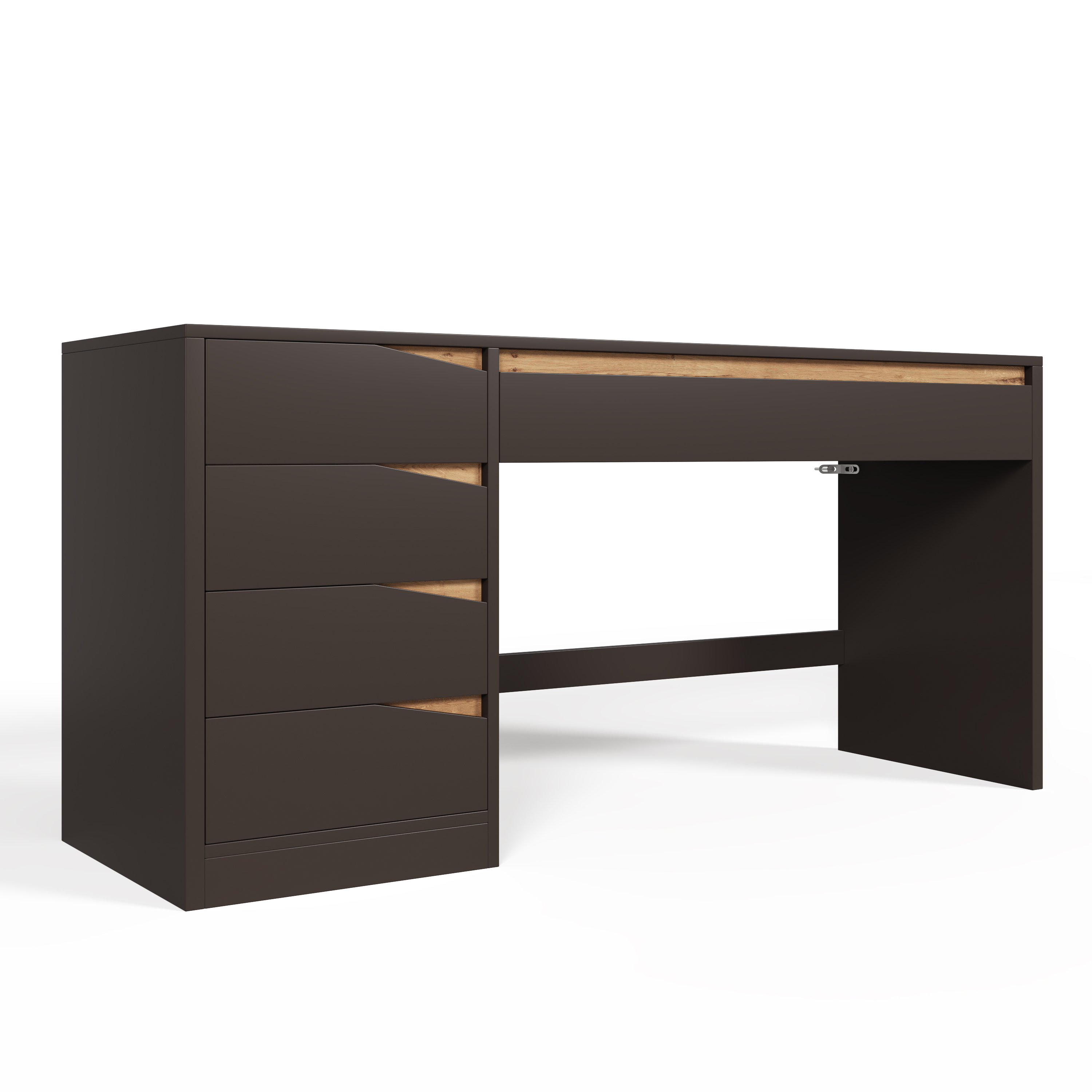 Bureau 140 x 50 cm, bureau informatique et coiffeuse avec 5 tiroirs, MDF, Gris et effet chêne