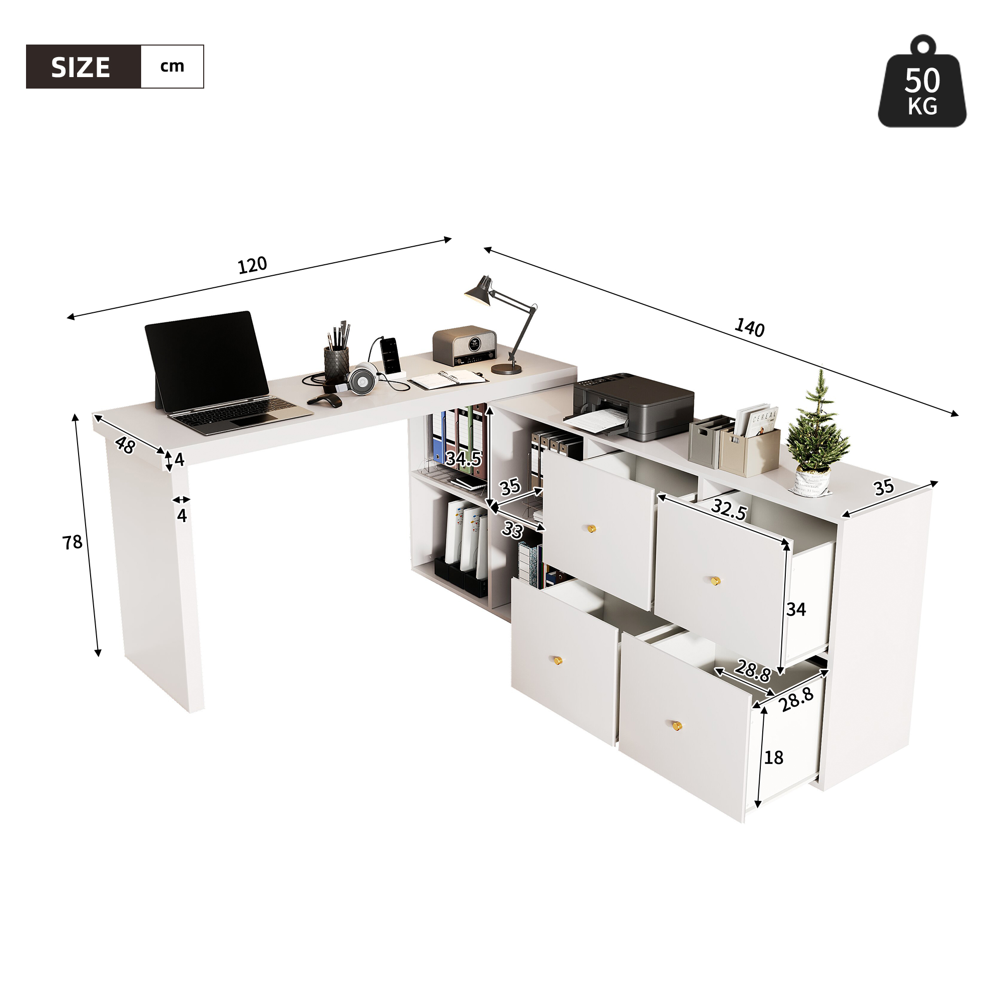 Bureau d’angle pivotant à 360°, bureau informatique avec plateau 120 x 48 cm, meuble 140 cm, 4 tiroirs et 4 niches, Blanc