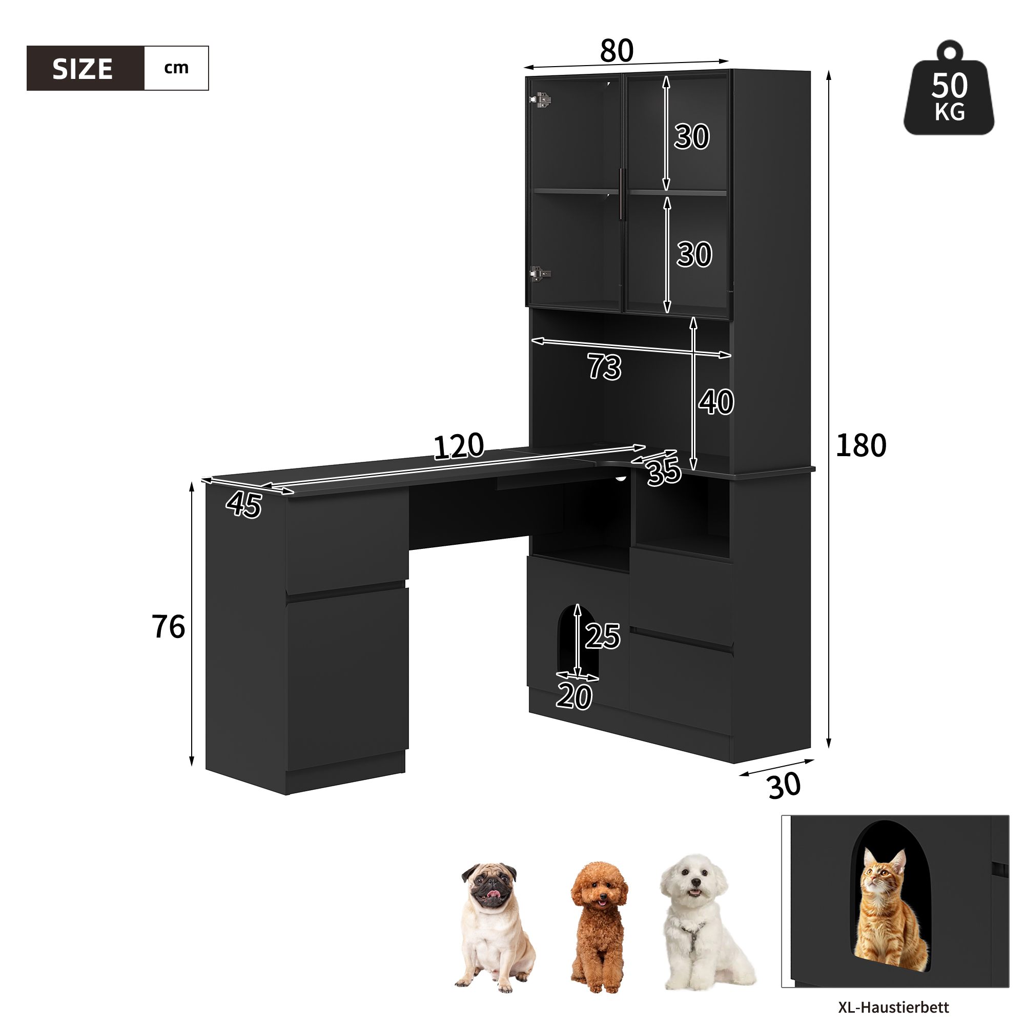 Bureau d’angle 120 x 80 cm, bureau bibliothèque avec vitrine LED, 3 tiroirs, 2 portes et passe-câbles, MDF, Noir