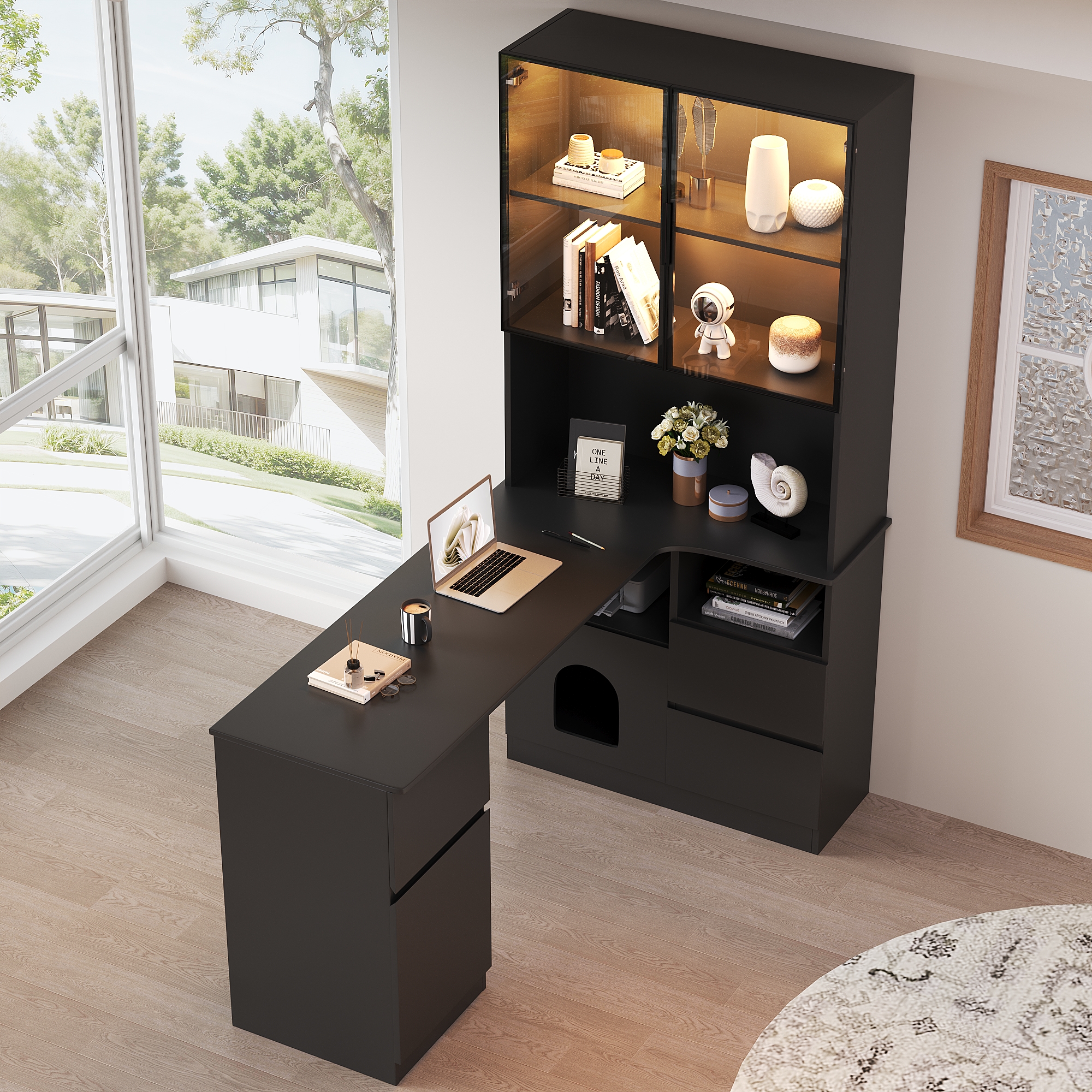 Bureau d’angle 120 x 80 cm, bureau bibliothèque avec vitrine LED, 3 tiroirs, 2 portes et passe-câbles, MDF, Noir