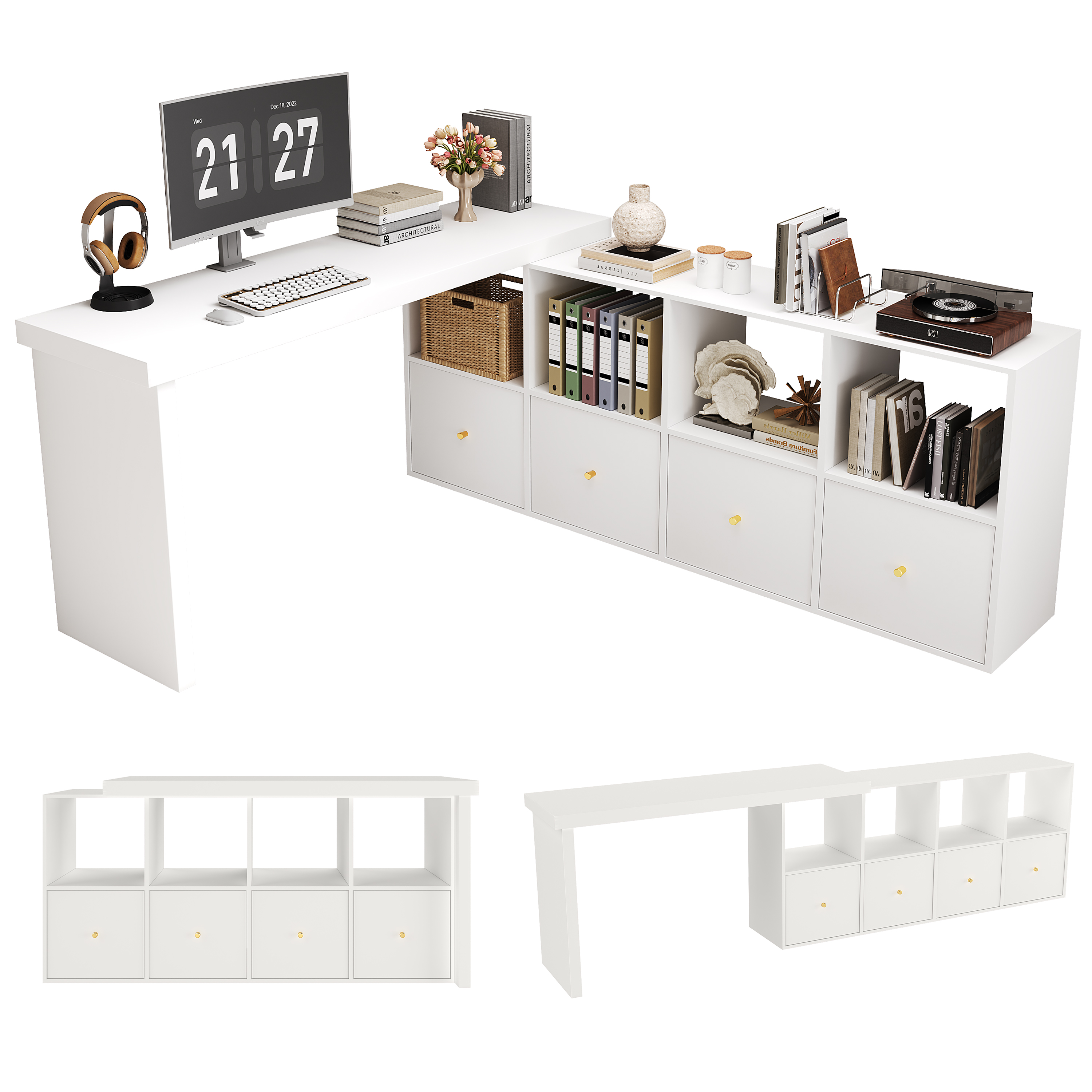 Bureau d’angle pivotant à 360°, bureau informatique avec plateau 120 x 48 cm, meuble 140 cm, 4 tiroirs et 4 niches, Blanc