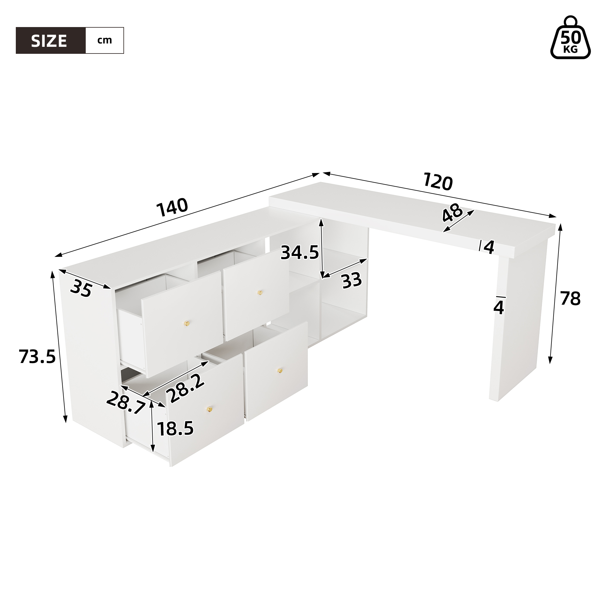 Bureau d’angle pivotant à 360°, bureau informatique avec plateau 120 x 48 cm, meuble 140 cm, 4 tiroirs et 4 niches, Blanc