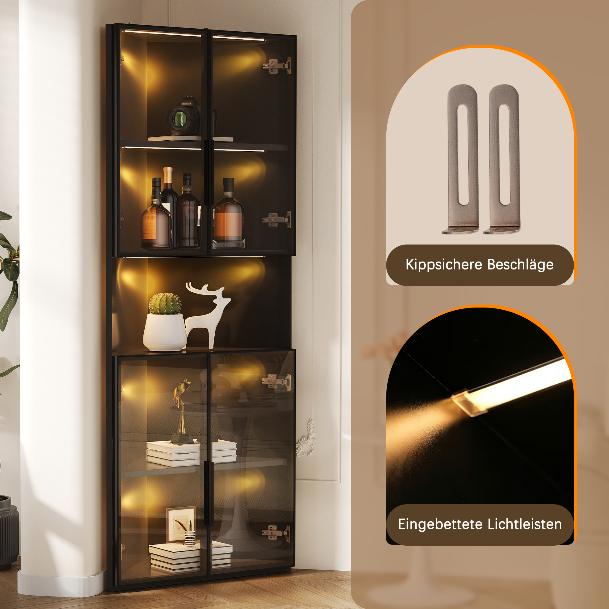 Vitrine, éclairage led, éléments en verre, 62 x 32 x 160 cm, verre et MDF, noir - vue 5