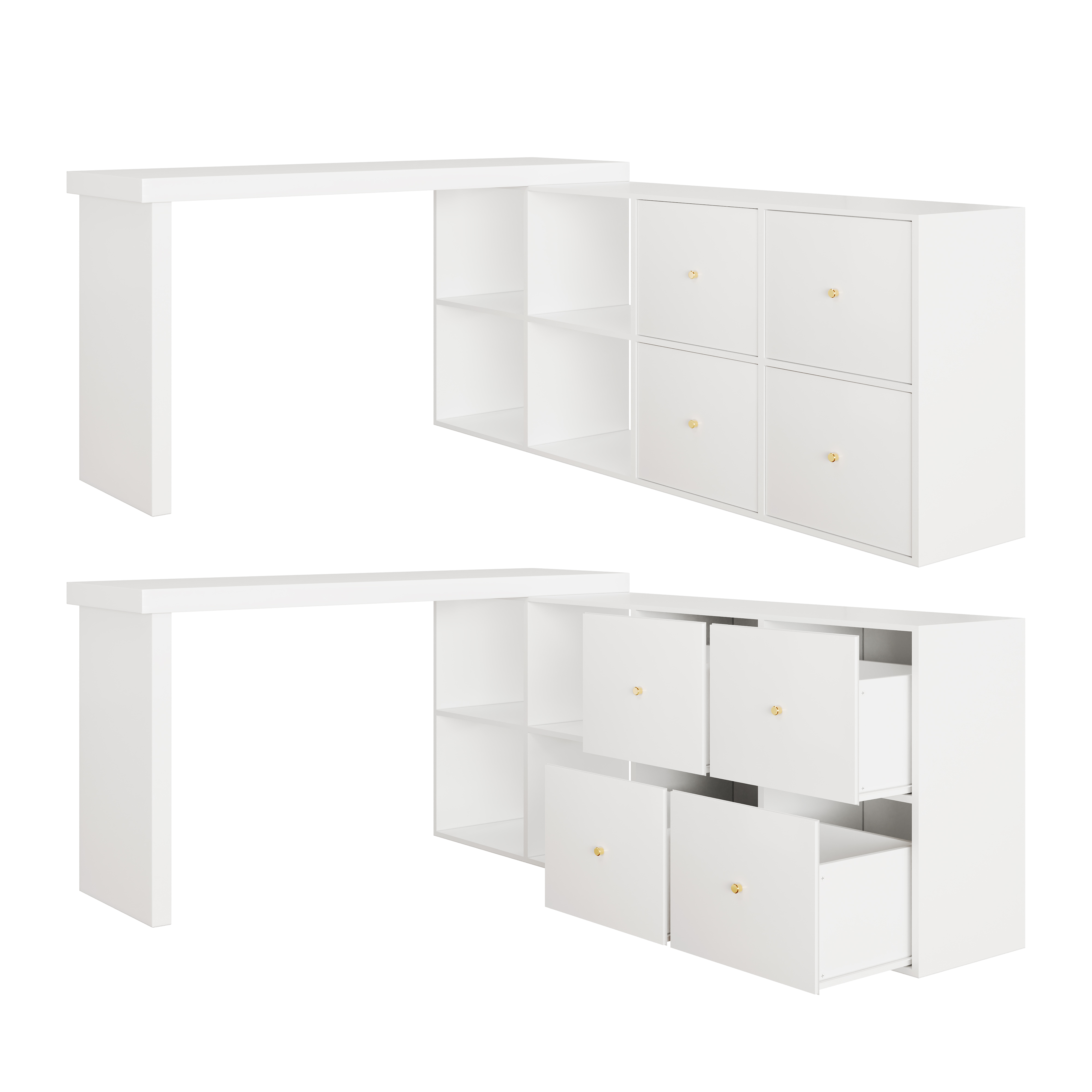 Bureau d’angle pivotant à 360°, bureau informatique avec plateau 120 x 48 cm, meuble 140 cm, 4 tiroirs et 4 niches, Blanc