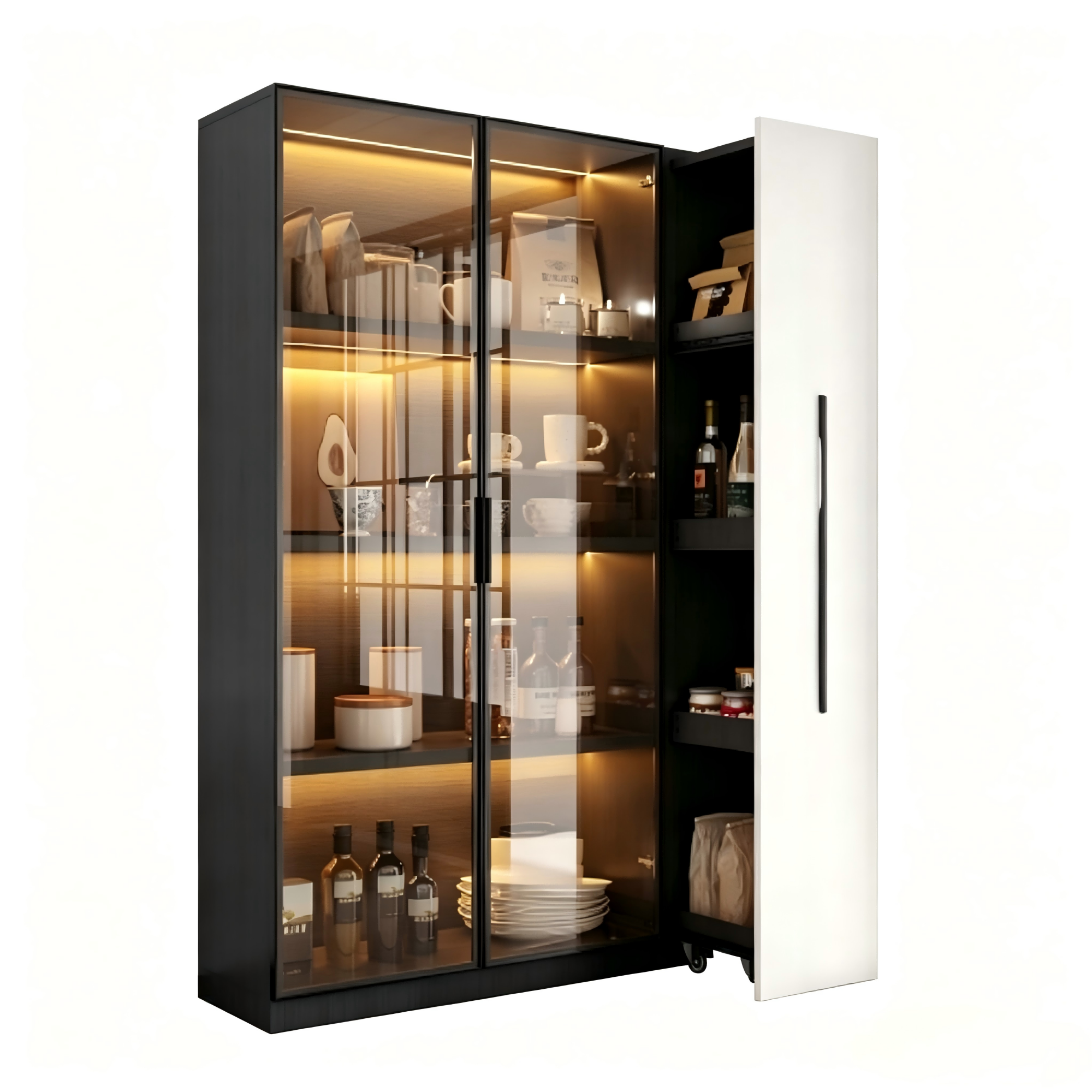 Vitrine, éclairage led, éléments en verre, 110,5 x 35 x 160 cm, verre et MDF, noir - vue 1