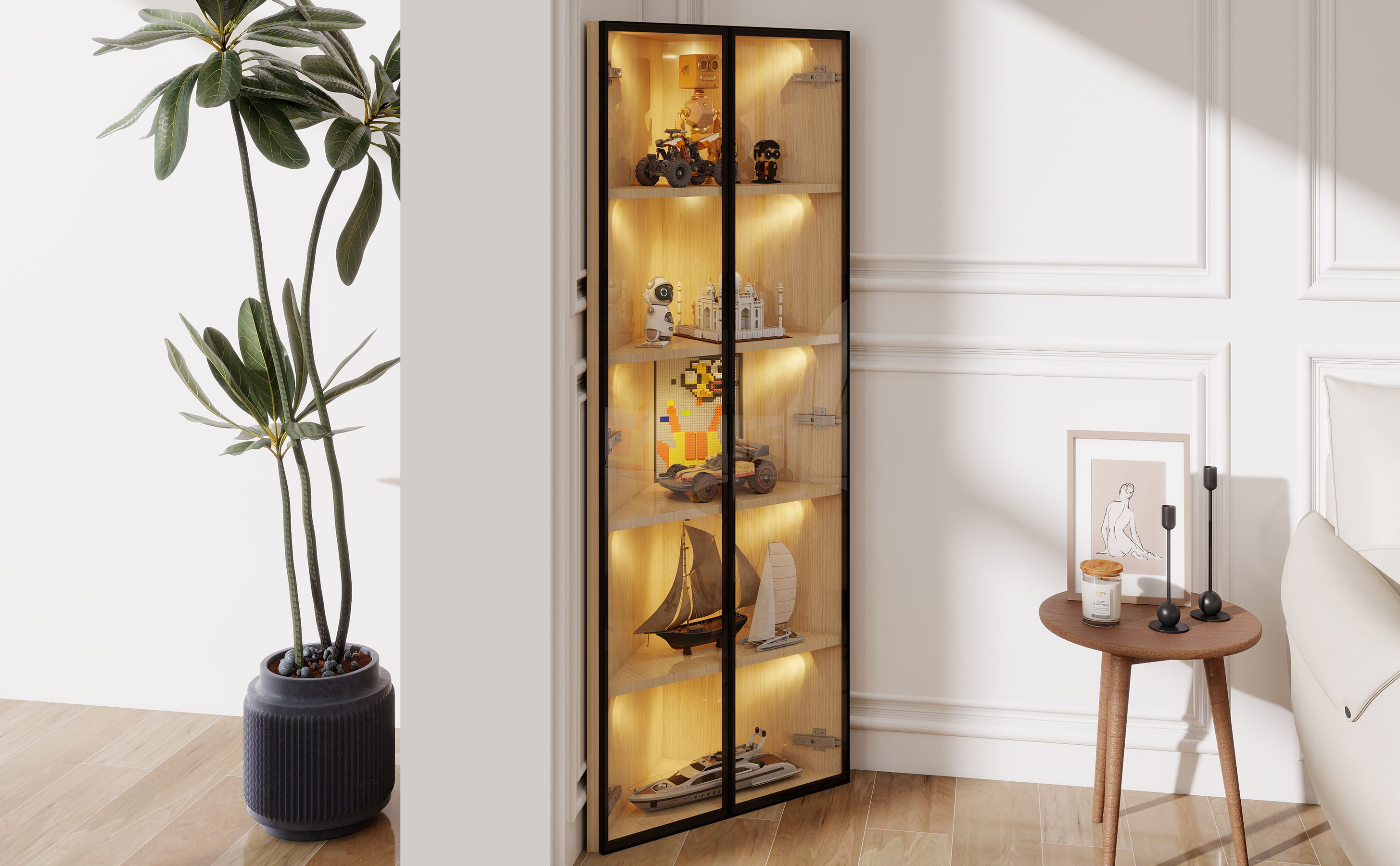 Vitrine, éclairage led, éléments en verre, 62 x 35 x 160 cm, verre trempé et verre, chêne - vue 5
