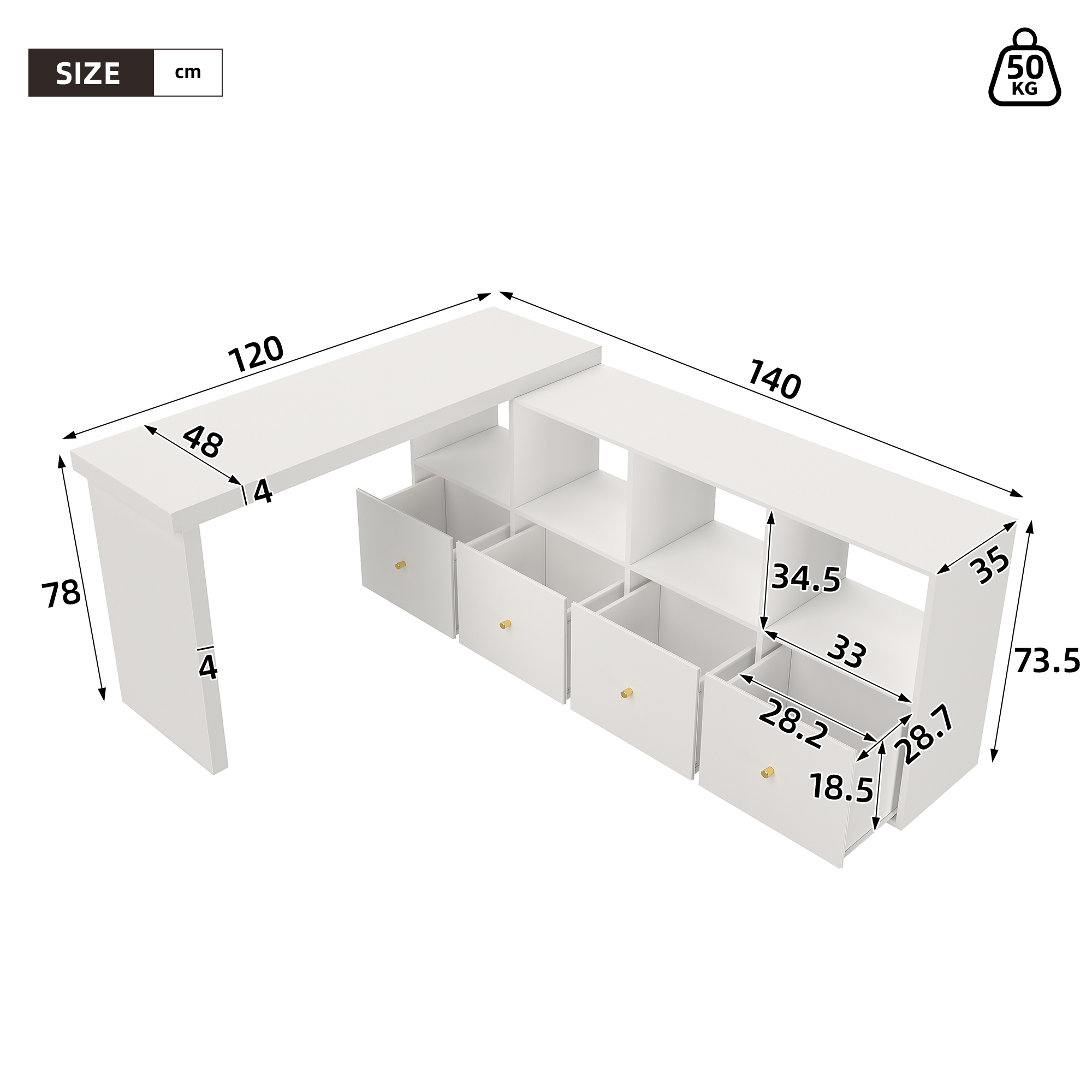 Bureau d’angle pivotant à 360°, bureau informatique avec plateau 120 x 48 cm, meuble 140 cm, 4 tiroirs et 4 niches, Blanc