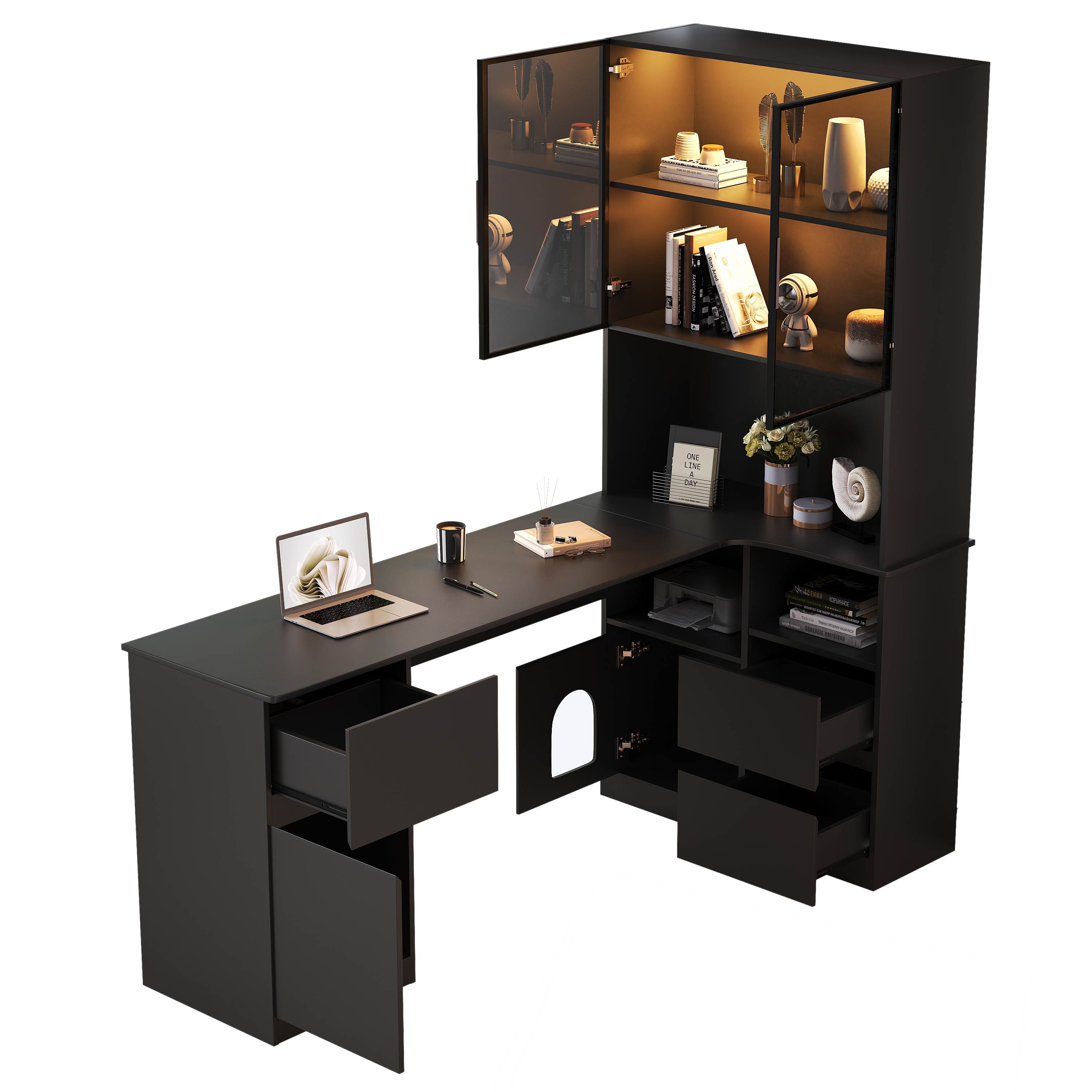 Bureau d’angle 120 x 80 cm, bureau bibliothèque avec vitrine LED, 3 tiroirs, 2 portes et passe-câbles, MDF, Noir