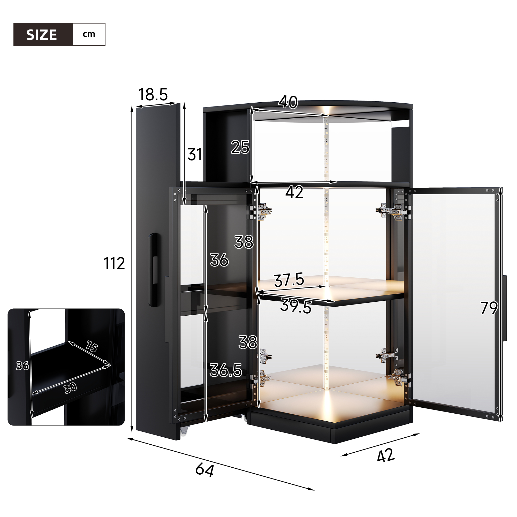 Vitrine noire LED avec rangement extensible et plusieurs espaces de présentation