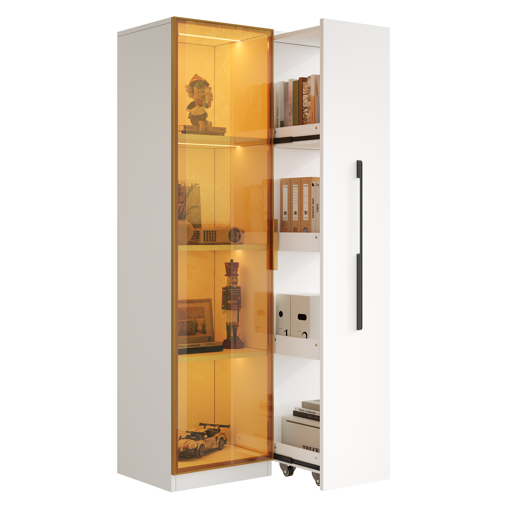 Vitrine, avec tiroirs, éclairage led, éléments en verre, 70 x 40 x 160cm, verre et MDF, blanc - vue 1