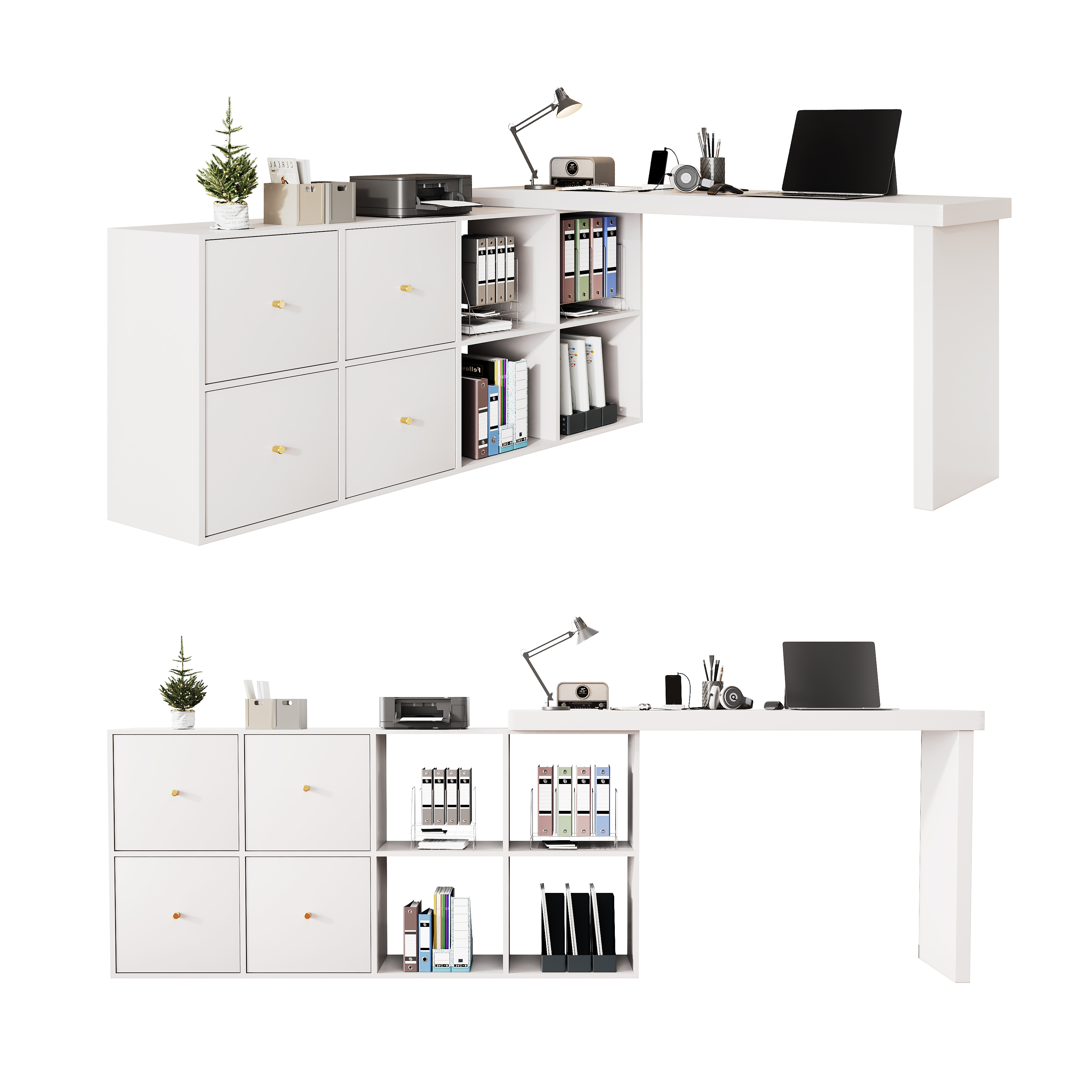 Bureau d’angle pivotant à 360°, bureau informatique avec plateau 120 x 48 cm, meuble 140 cm, 4 tiroirs et 4 niches, Blanc