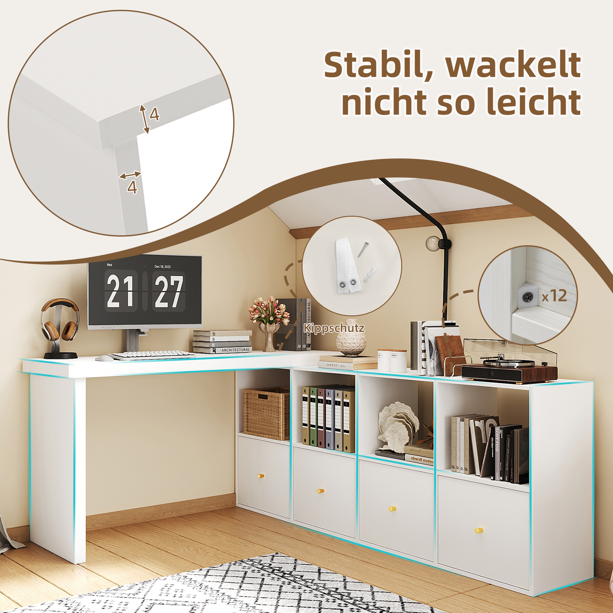 Bureau d’angle pivotant à 360°, bureau informatique avec plateau 120 x 48 cm, meuble 140 cm, 4 tiroirs et 4 niches, Blanc