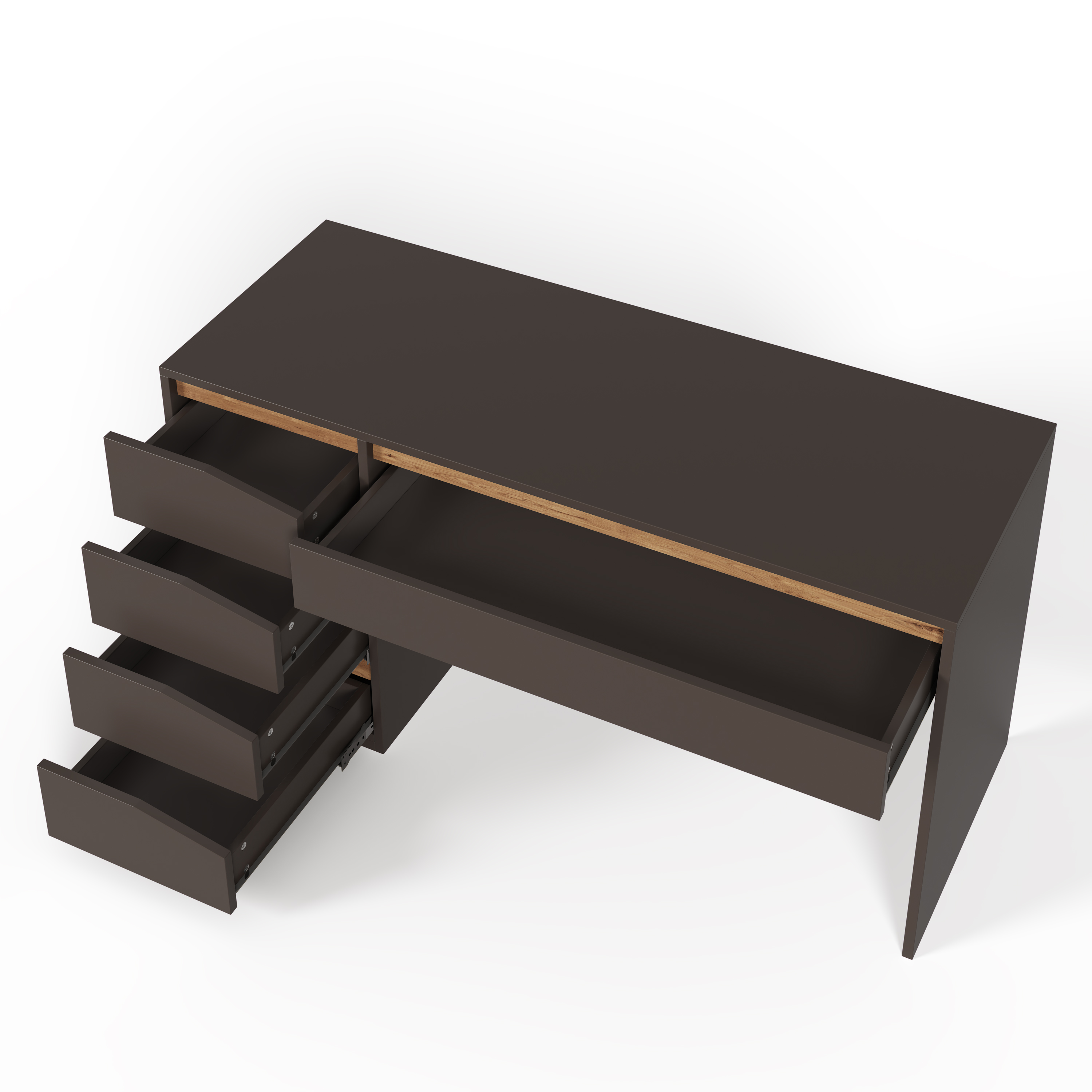 Bureau 140 x 50 cm, bureau informatique et coiffeuse avec 5 tiroirs, MDF, Gris et effet chêne