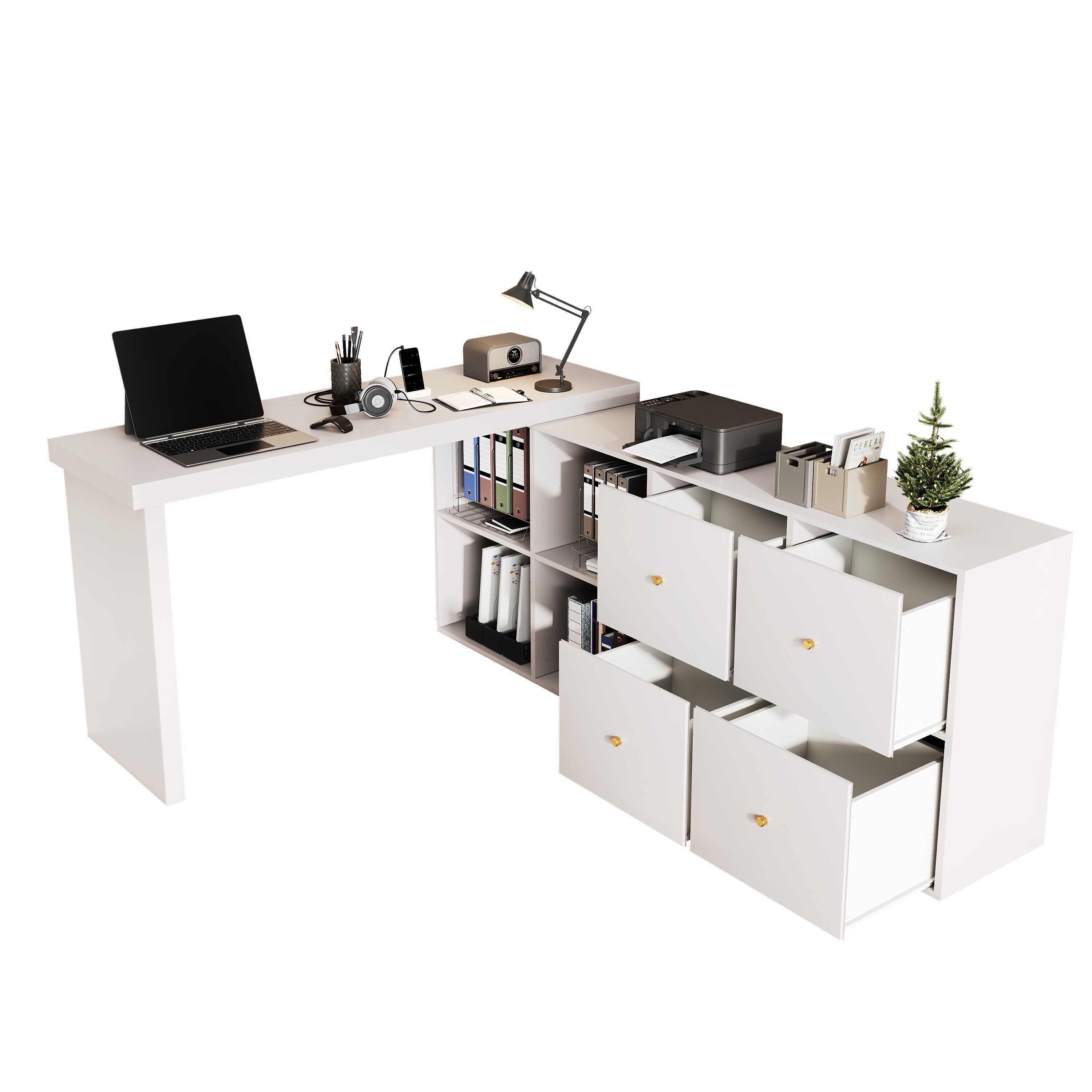 Bureau d’angle pivotant à 360°, bureau informatique avec plateau 120 x 48 cm, meuble 140 cm, 4 tiroirs et 4 niches, Blanc