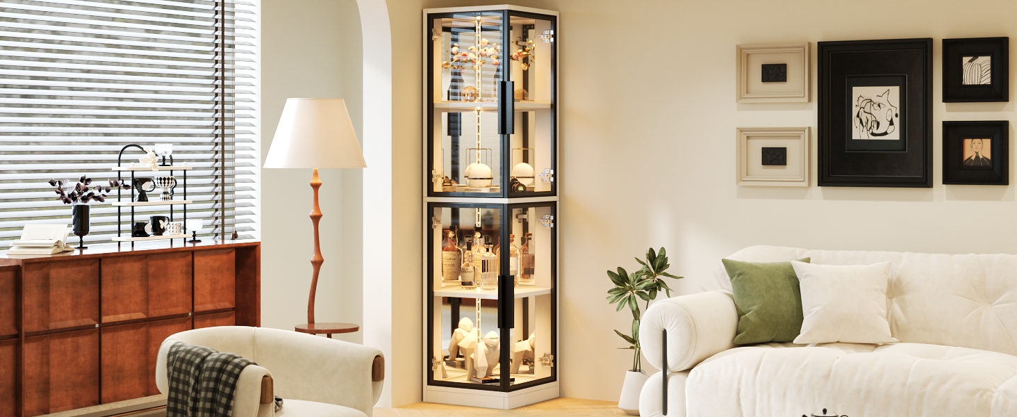 Vitrine d’angle blanche avec fond miroir et LED